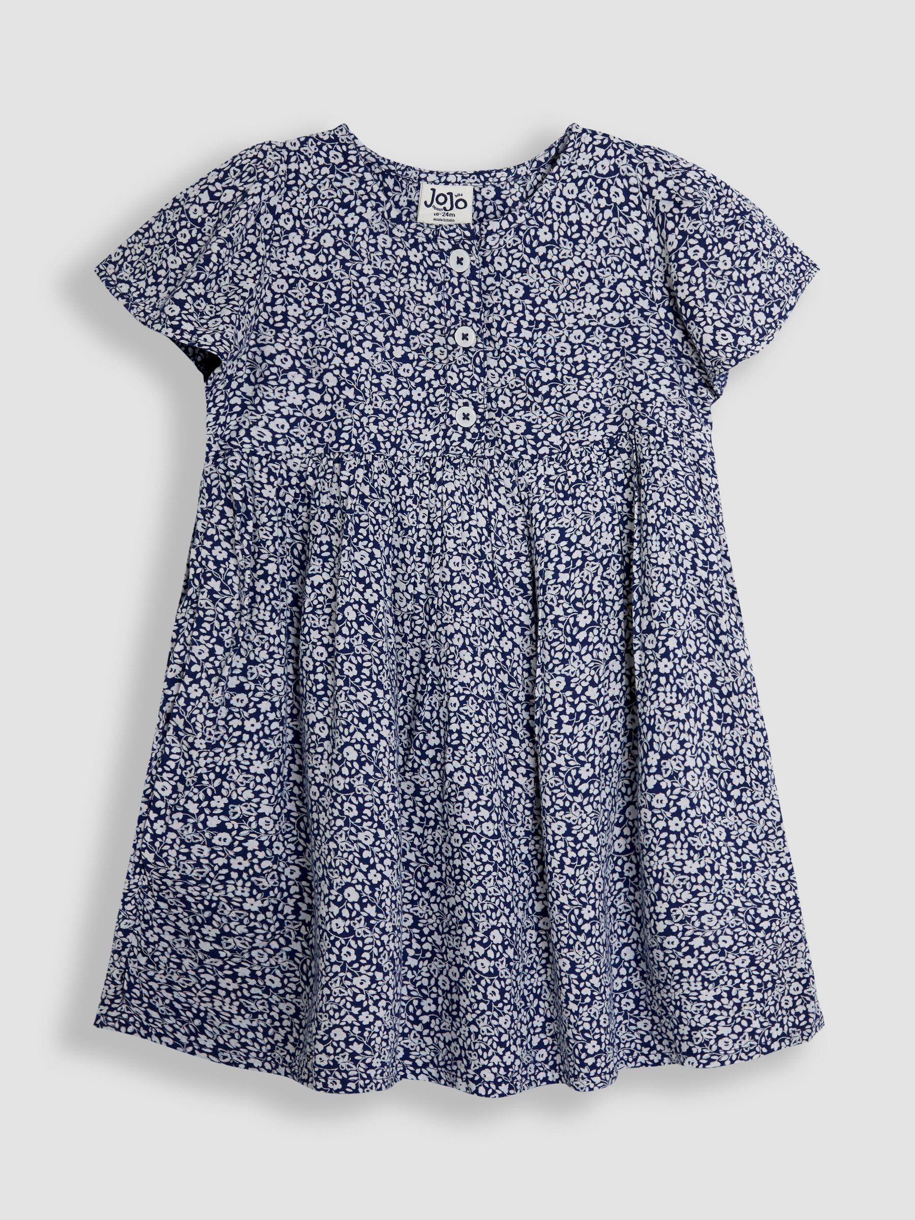 Navy Blue Ditsy Floral Print Button Front Classic Dress