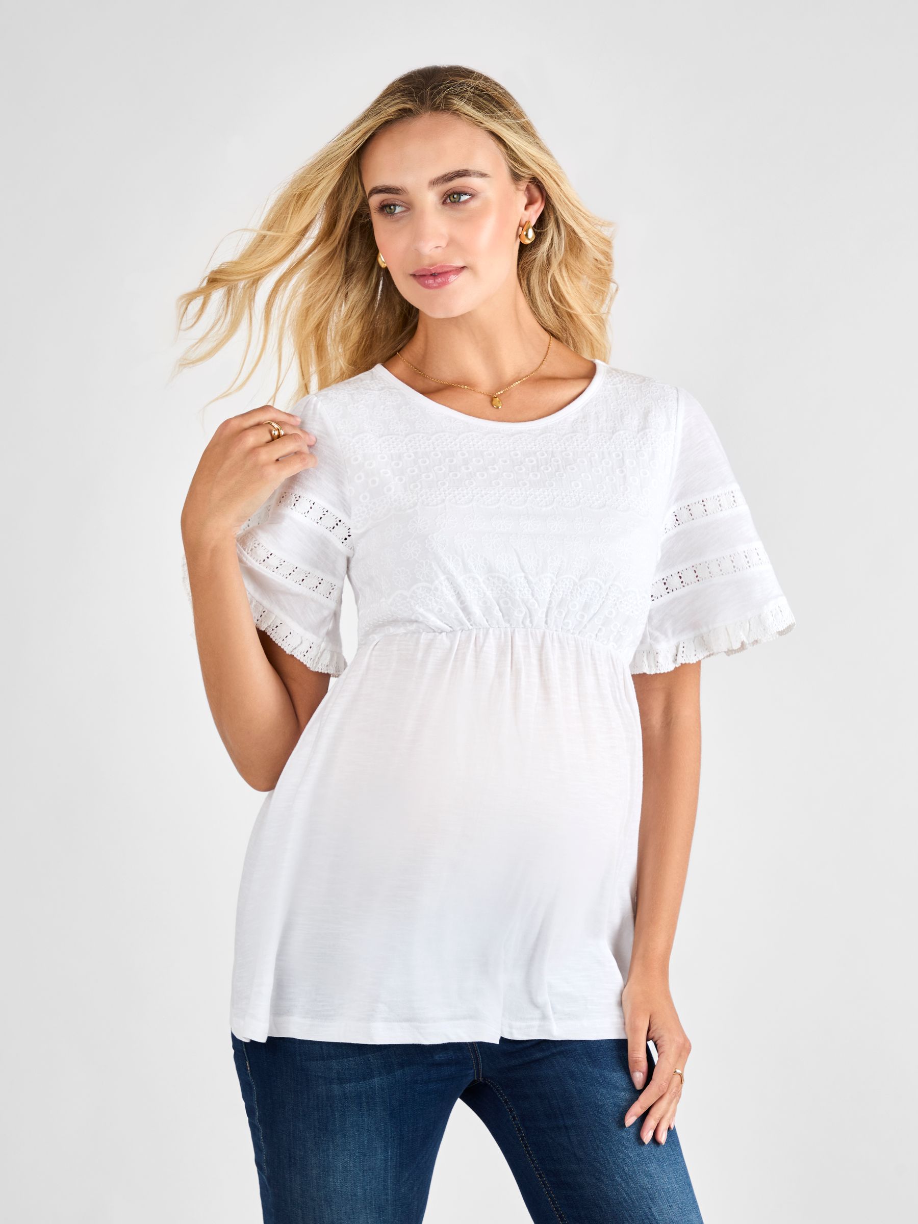 White Broderie Lace Trim Maternity Jersey Top
