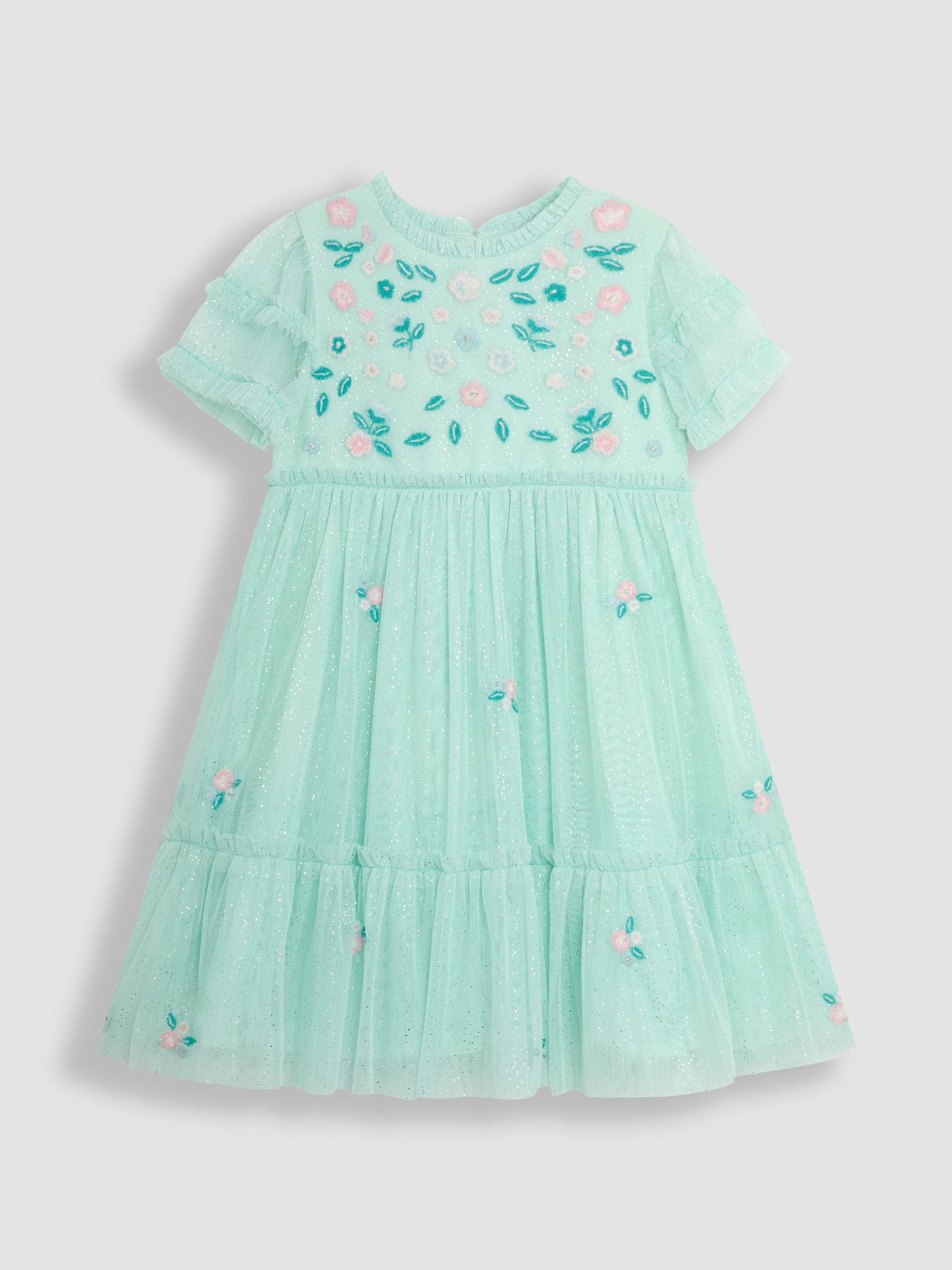 Pink Floral Embroidered Tiered Tulle Party Dress