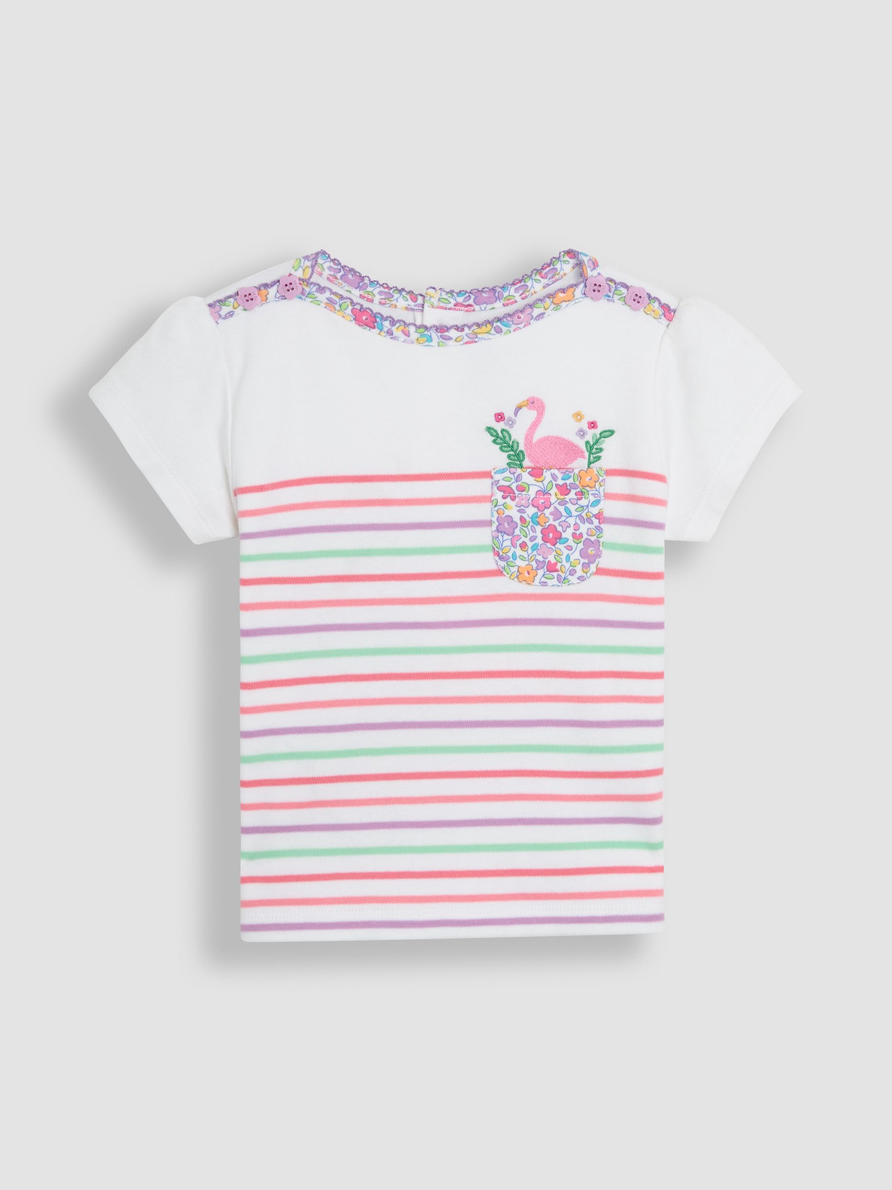 Coral Pink Flamingo Appliqué Pocket Breton T-Shirt