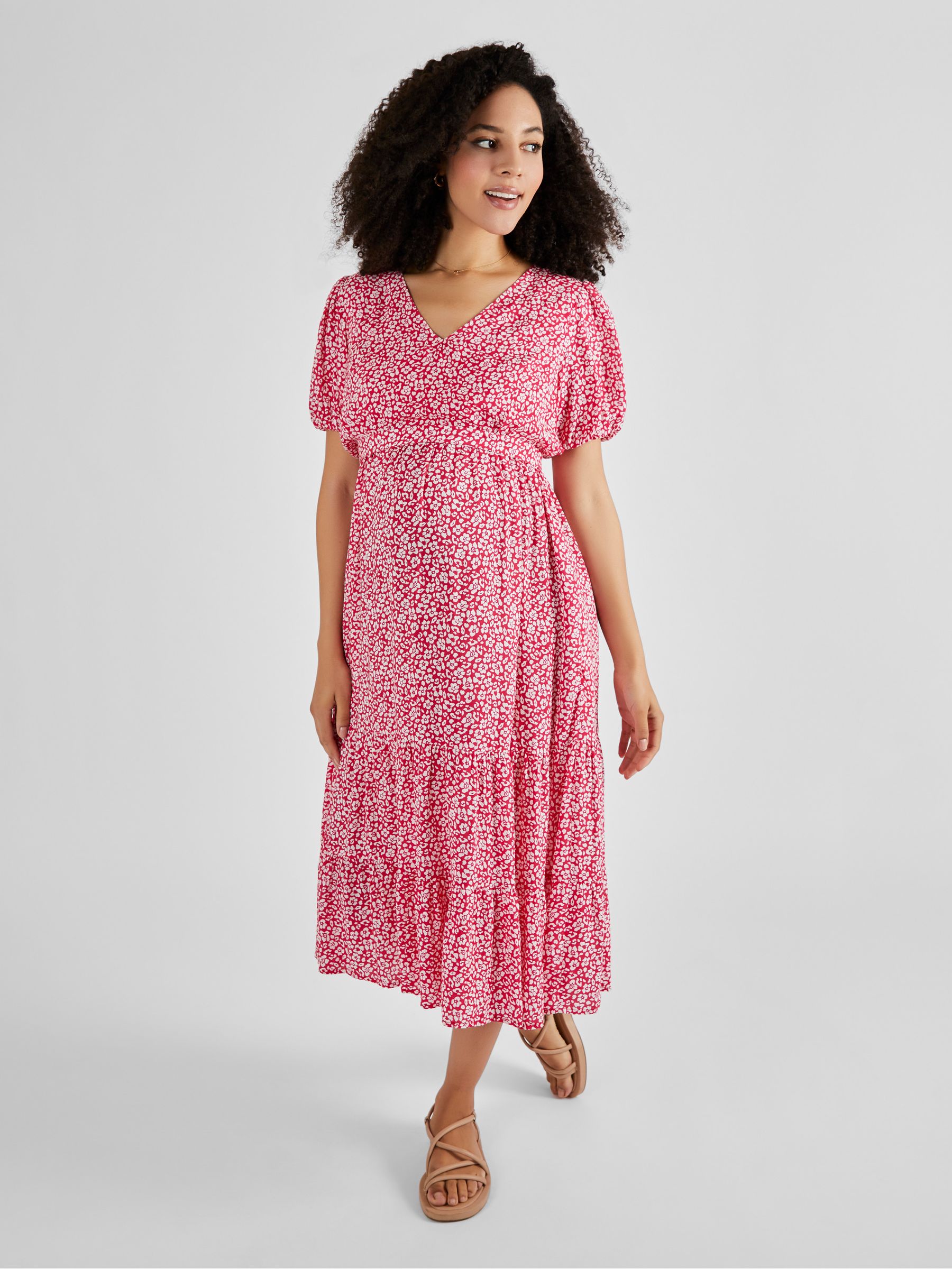 Pink Floral Print Tiered Maternity and Nursing Midi Dress