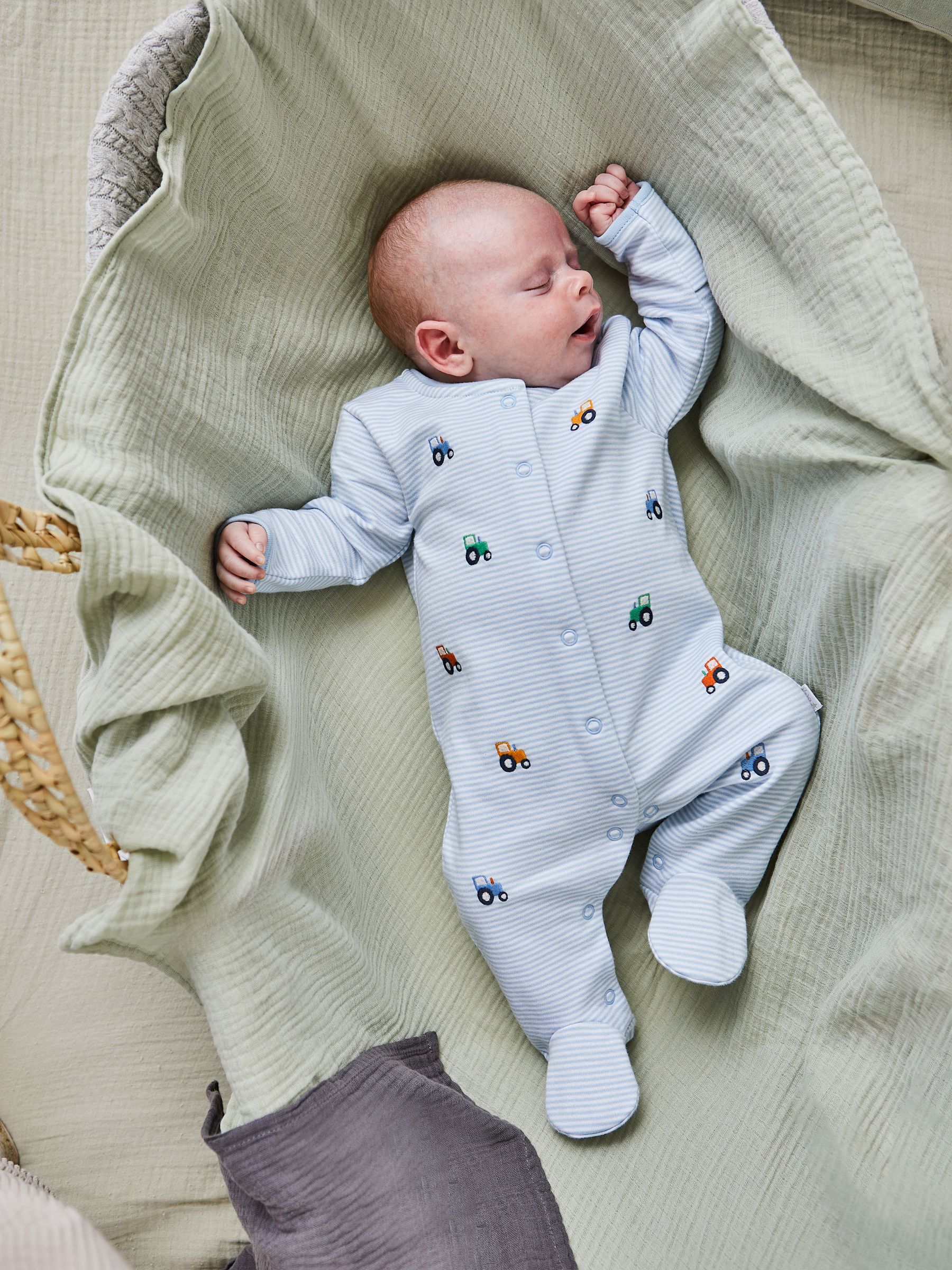 Blue 100% Organic Cotton Tractor Embroidered Sleepsuit