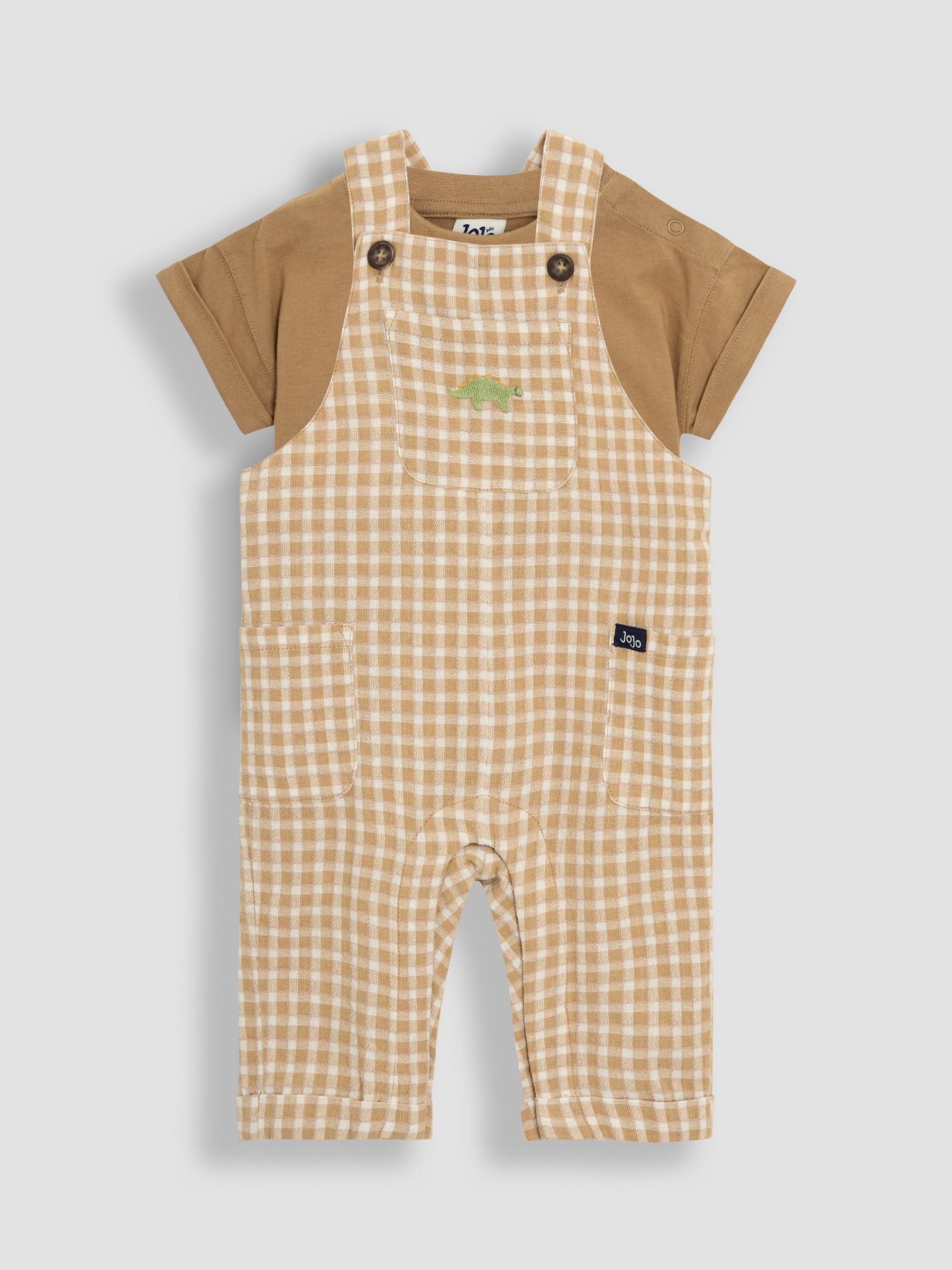 Brown 2-Piece Dino Gingham Dungarees & T-Shirt Set