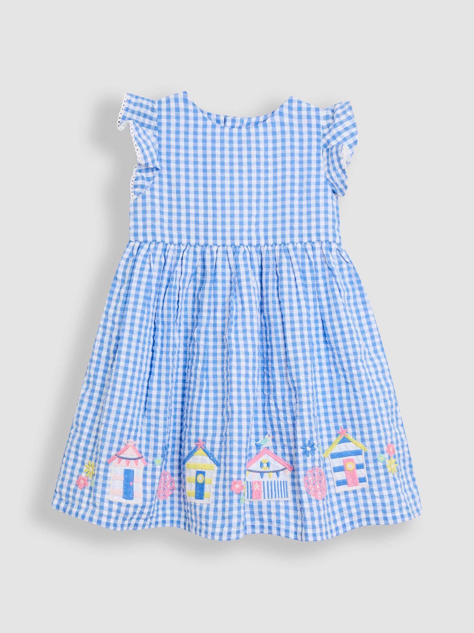 Blue Beach Huts Appliqué Gingham Summer Dress