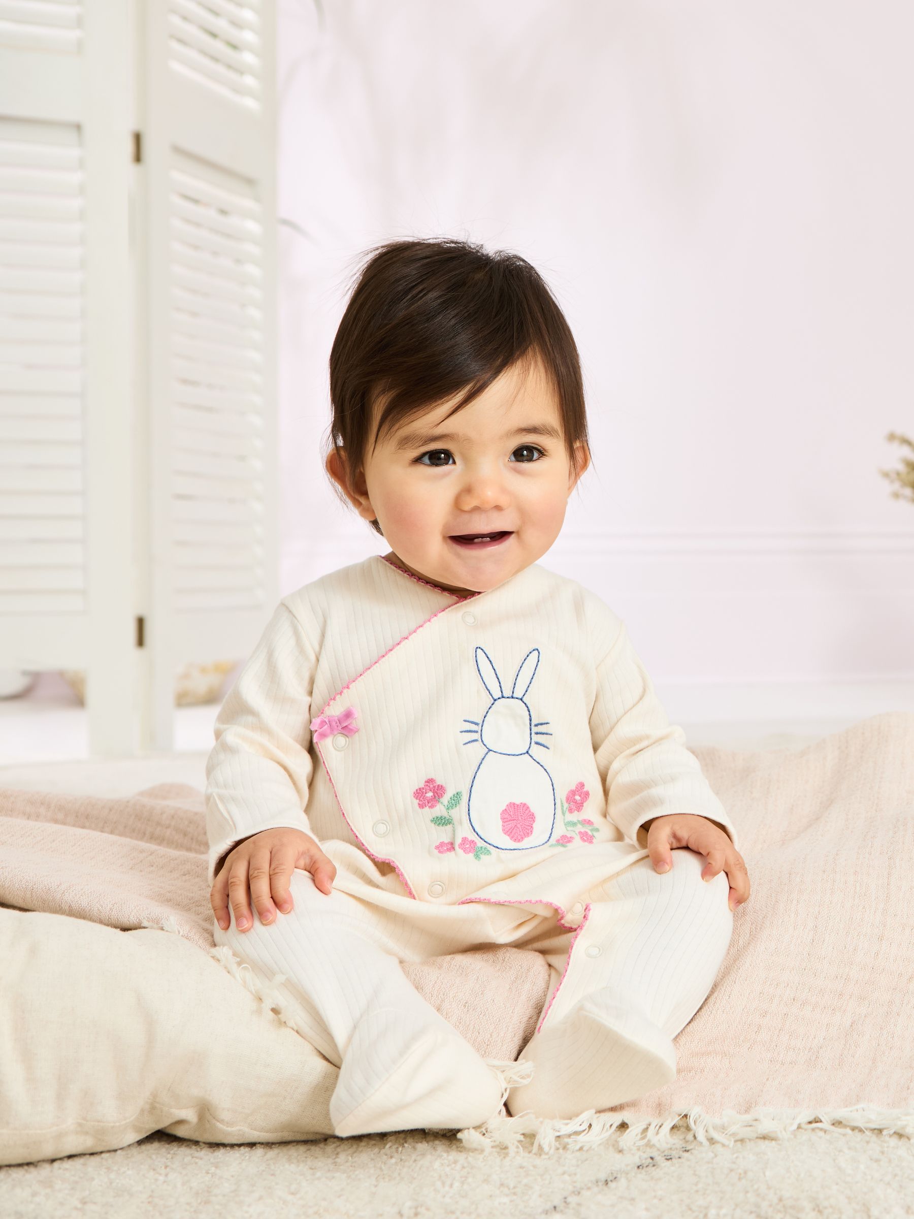 Stone Cotton Footed Embroidered Cross-Over Sleepsuit