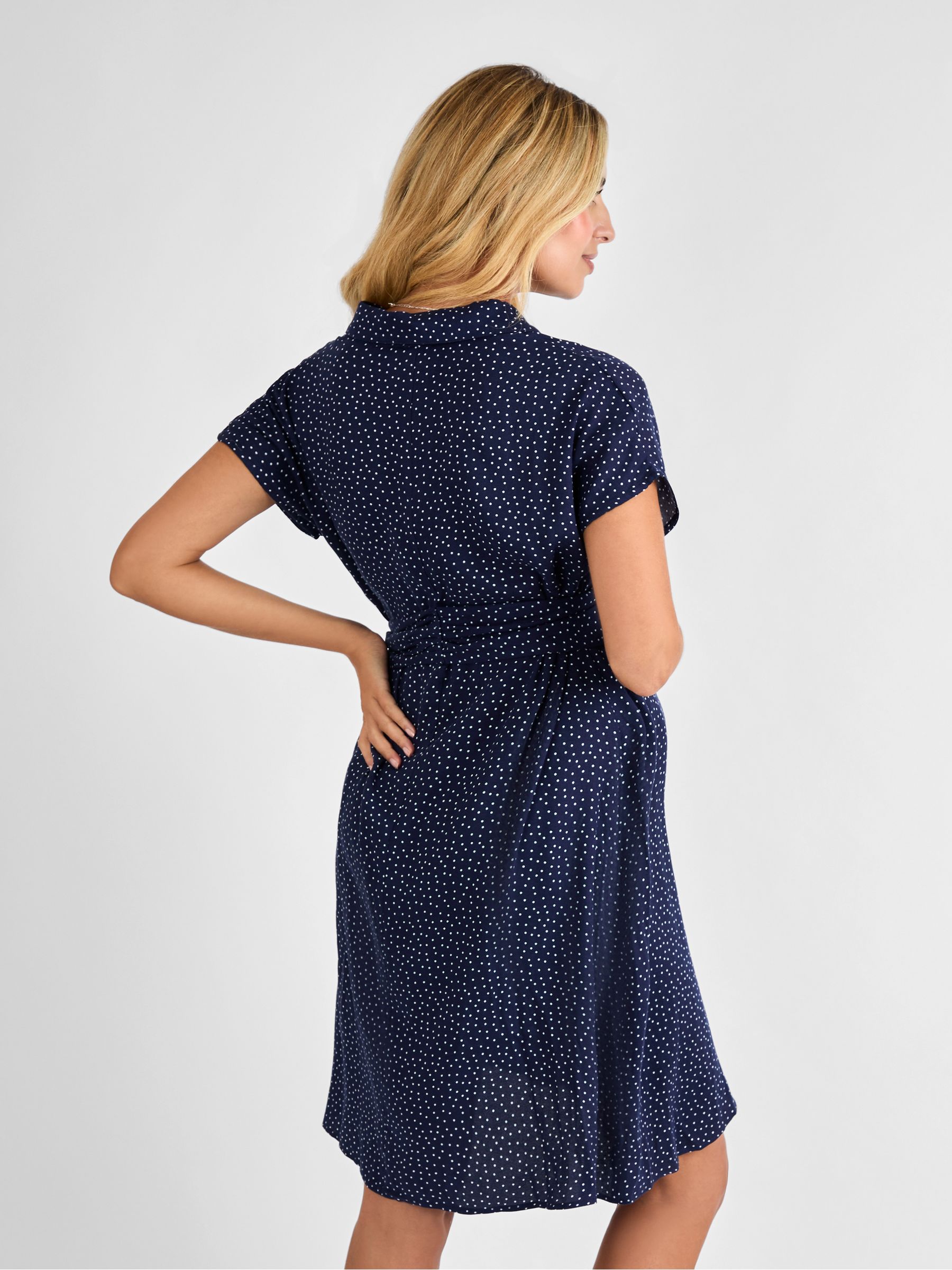 Navy Spot Maternity Shirt Dress With Tie