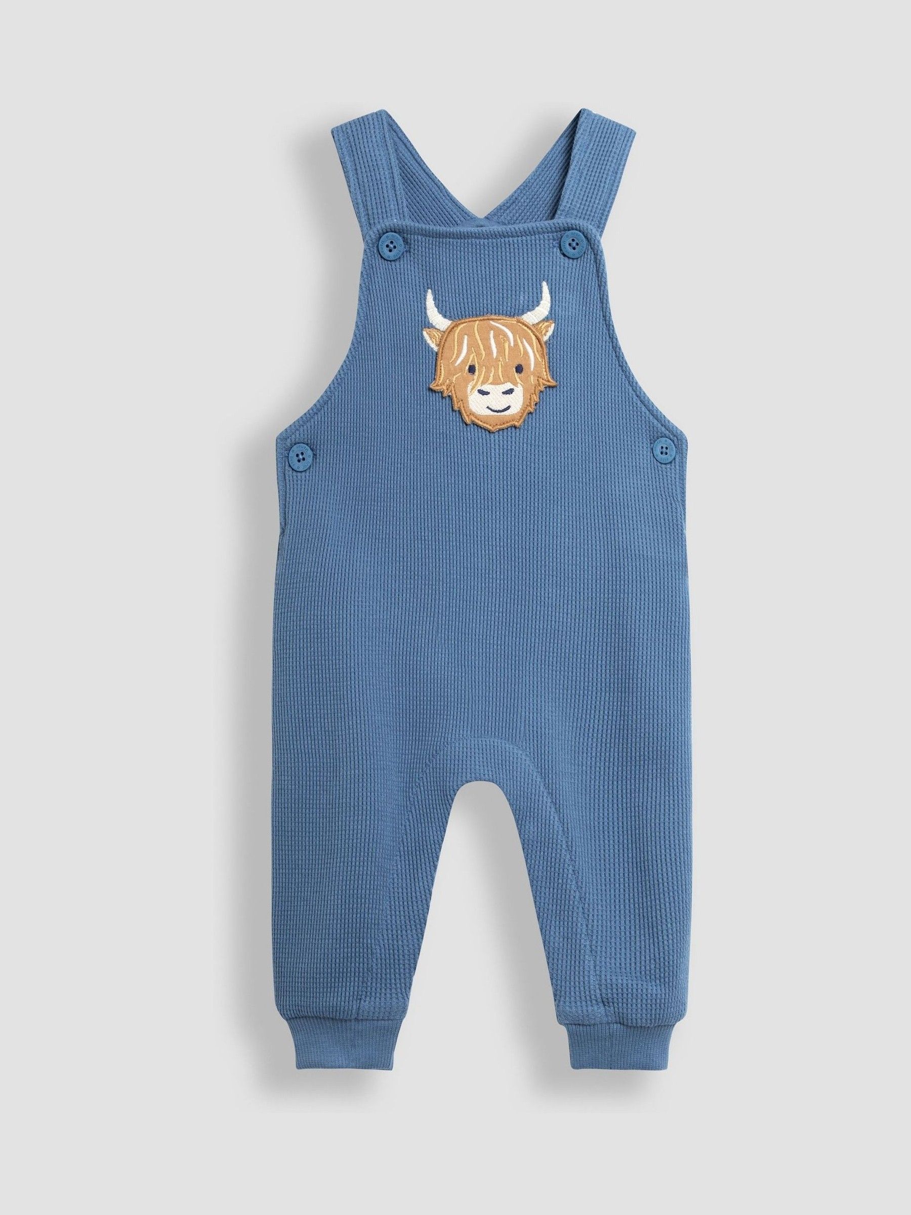 Blue Highland Cow Appliqué Dungarees & Print Top Set