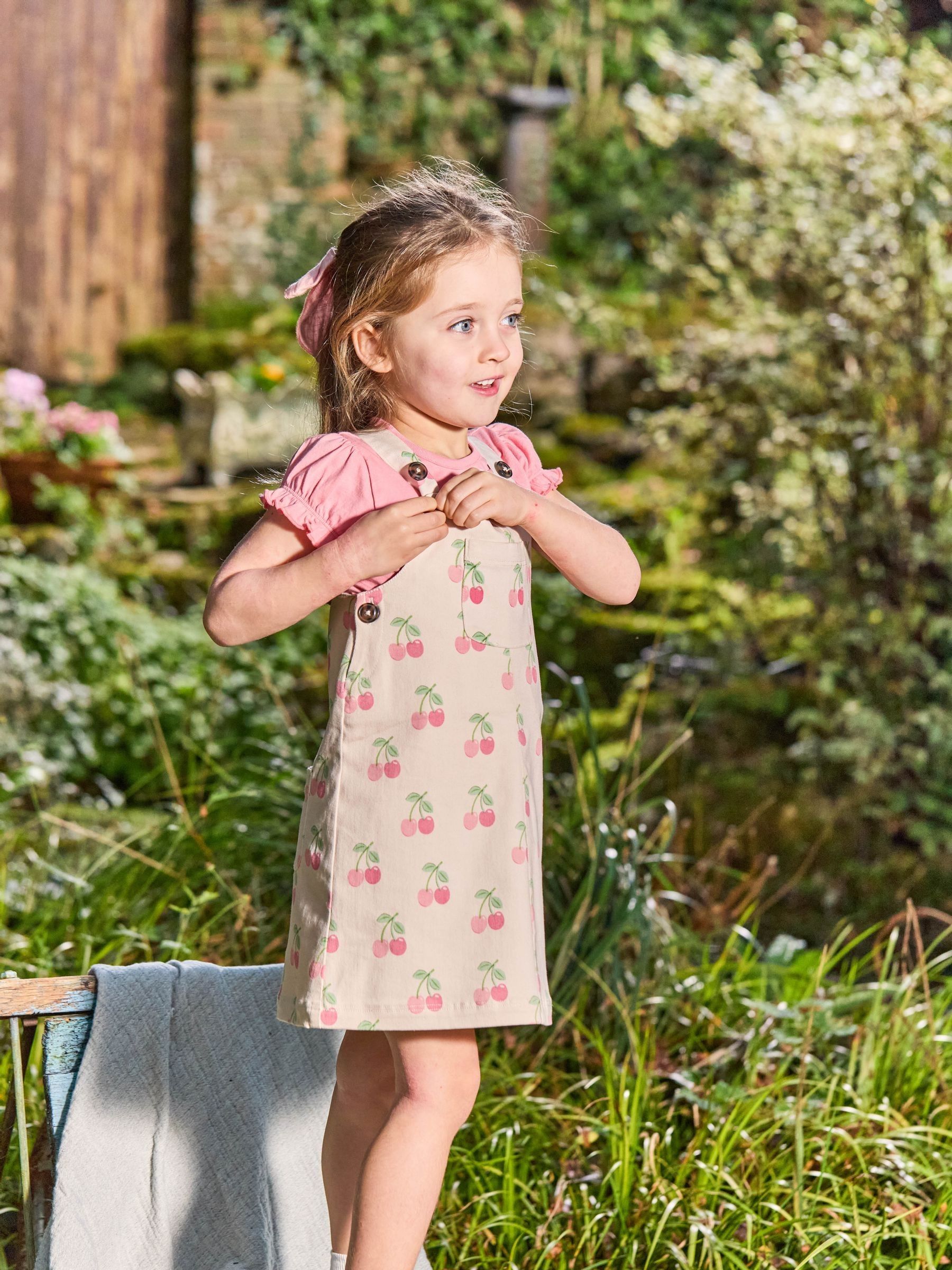 Ecru Cherry 2-Piece Dungaree Dress & T-Shirt Set