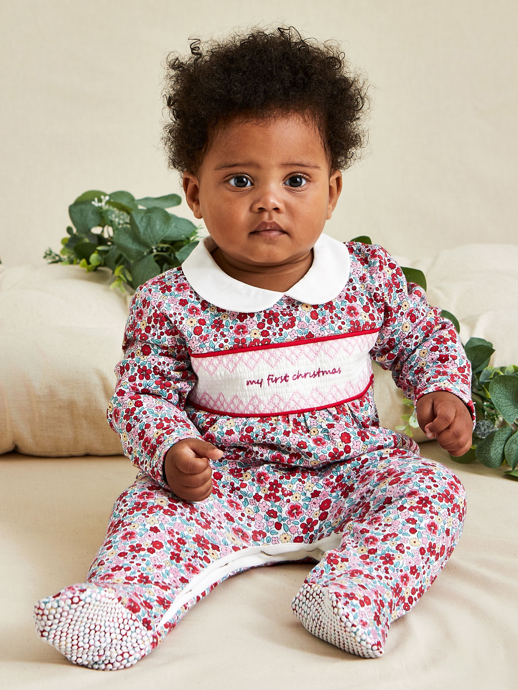 Red Floral My First Christmas Smocked Sleepsuit & Hat Set