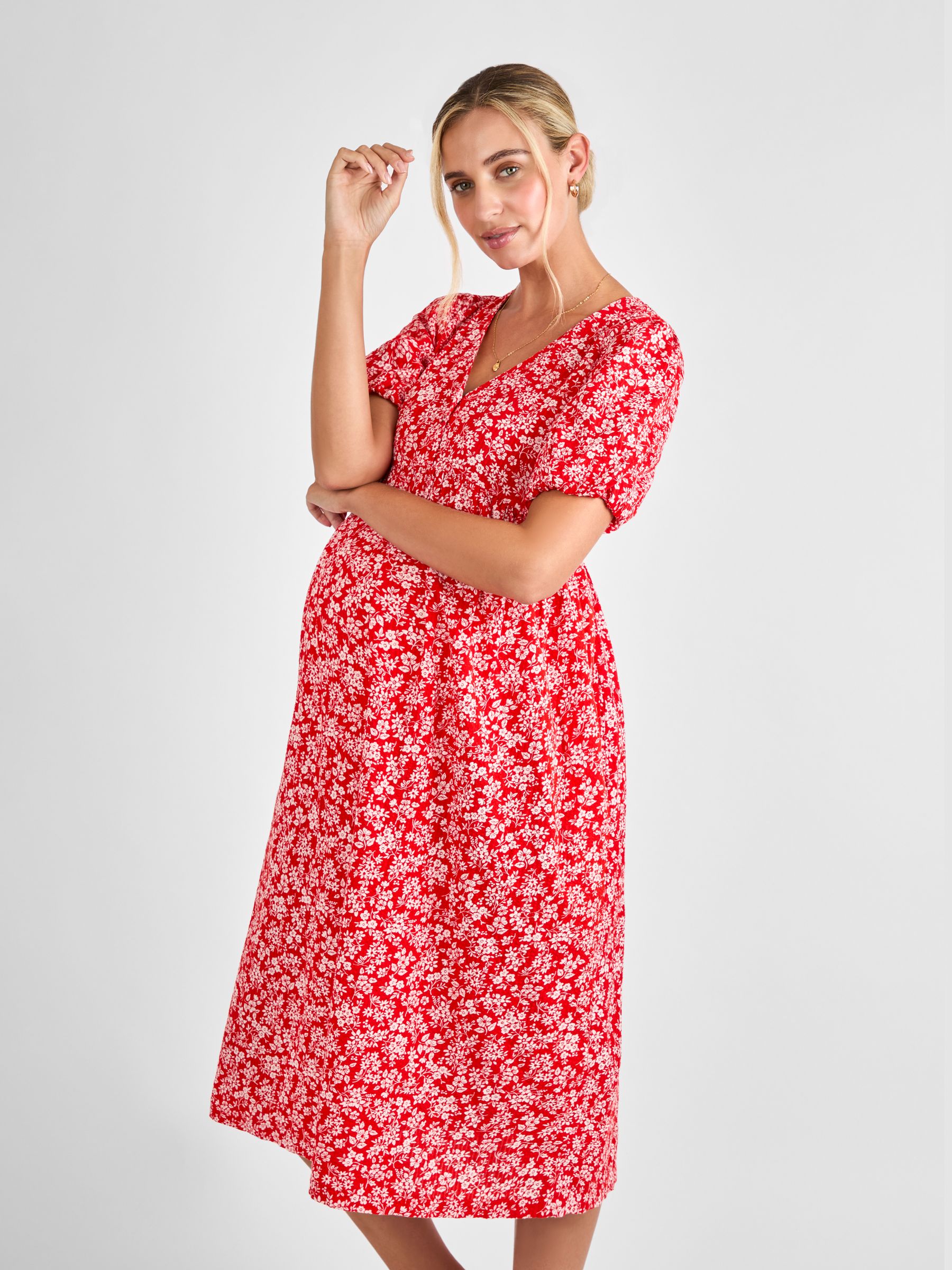 Red Maternity Floral Midi 100% Cotton Dress