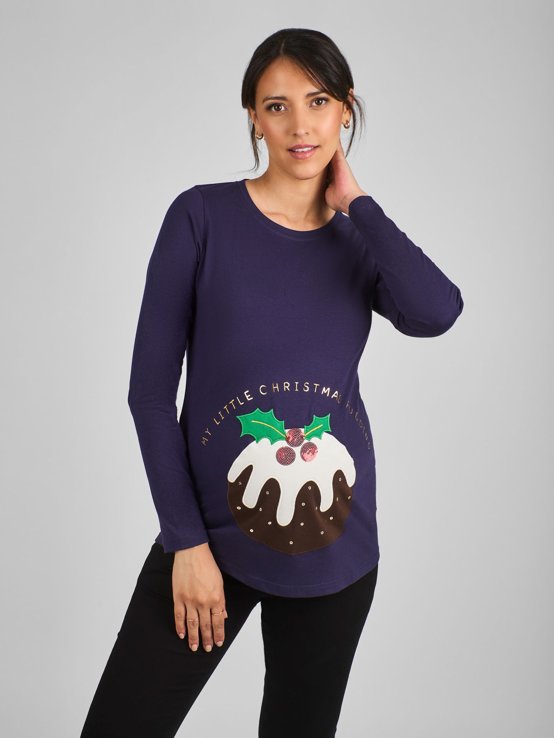 Navy Blue Christmas Pudding Cotton Maternity Top