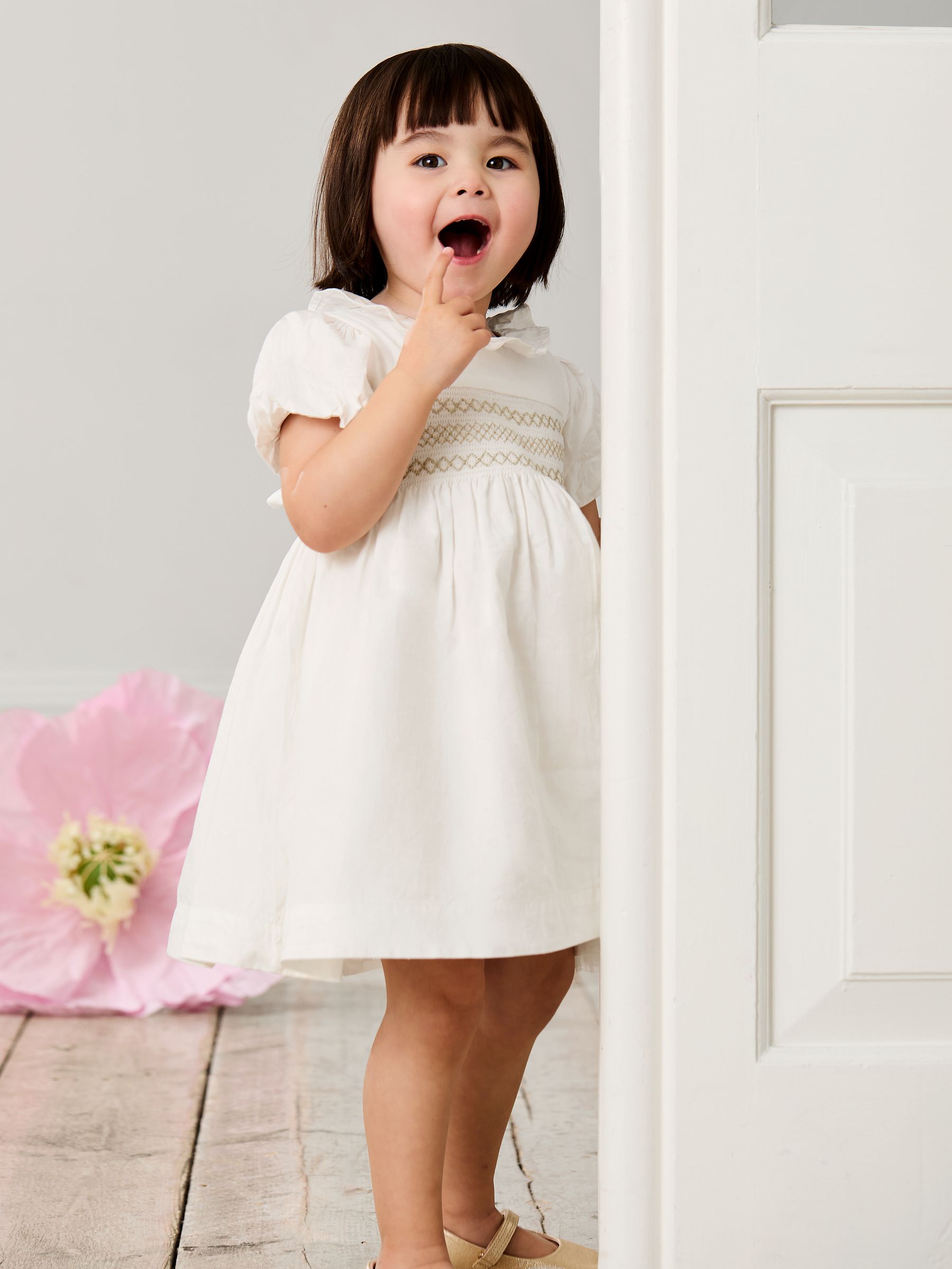 Cream Smocked Puff Sleeve Cotton Satin Flower Girl Dress