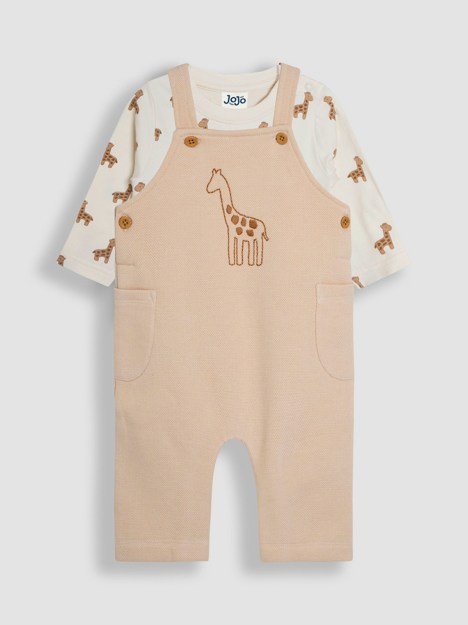 Stone Giraffe Embroidered Dungarees & T-Shirt Set