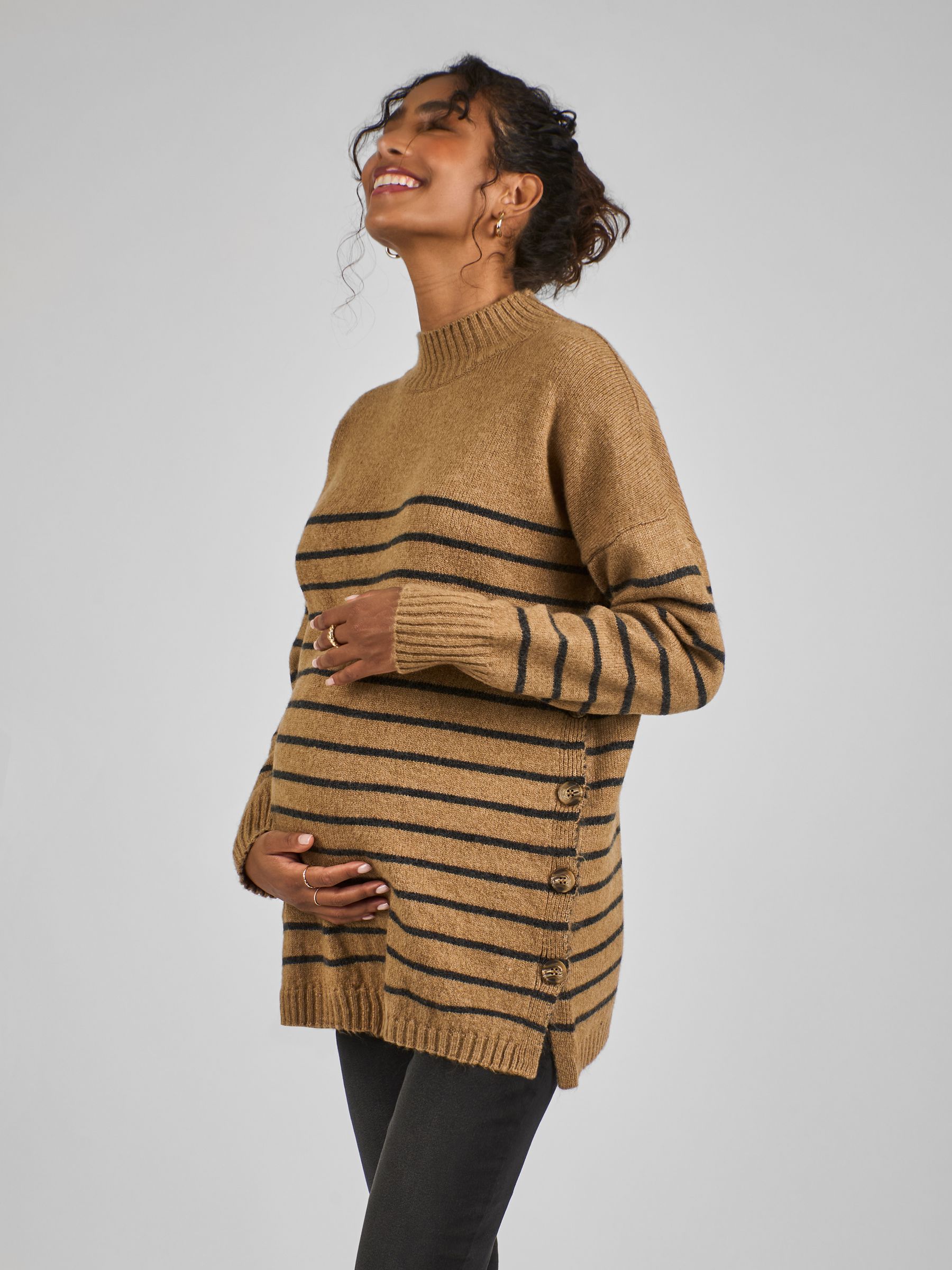 Camel Brown Stripe Turtle Neck Maternity & Nursing Jumper