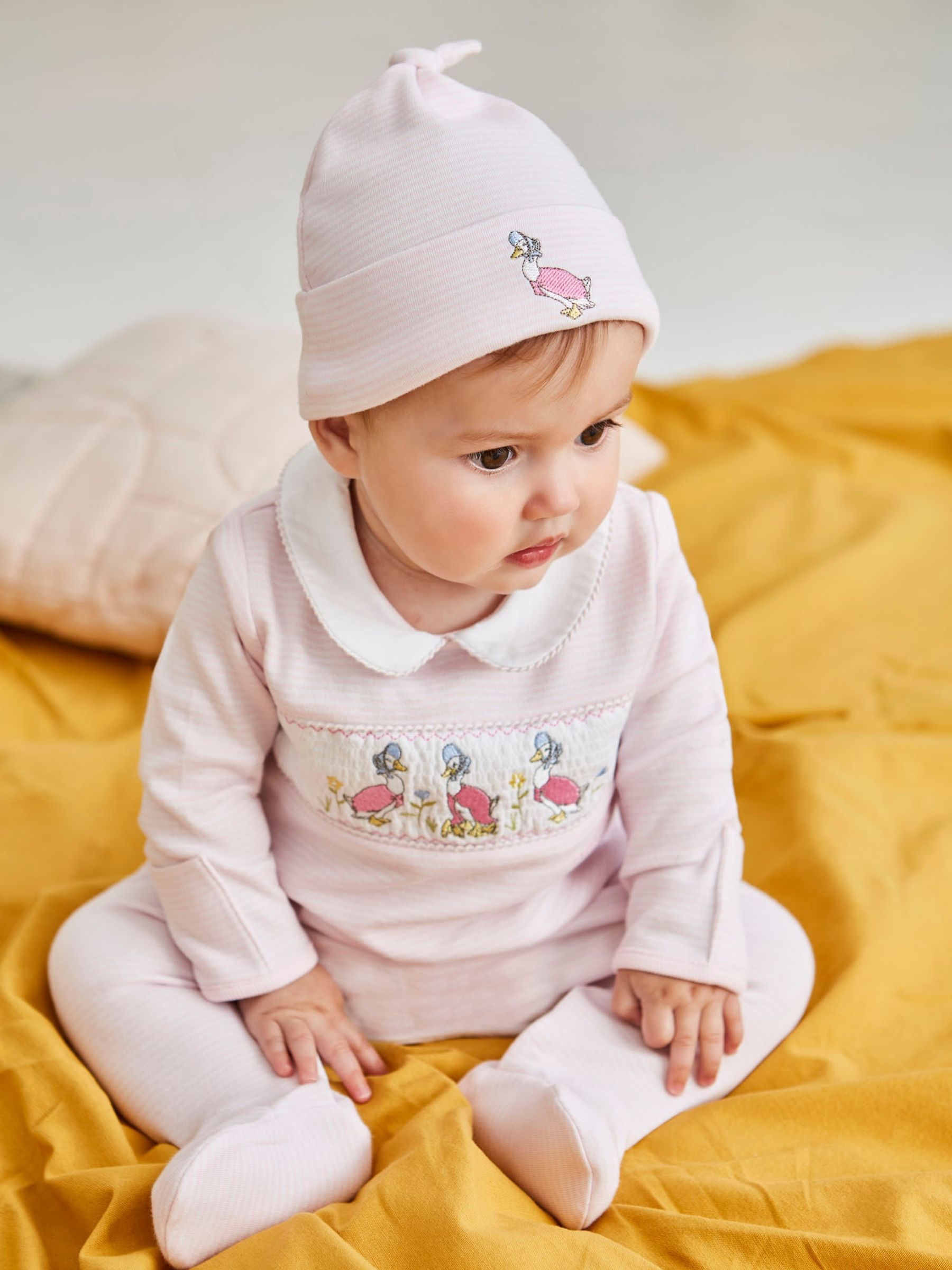 Pink Jemima Puddle-Duck Smocked Sleepsuit & Hat Set