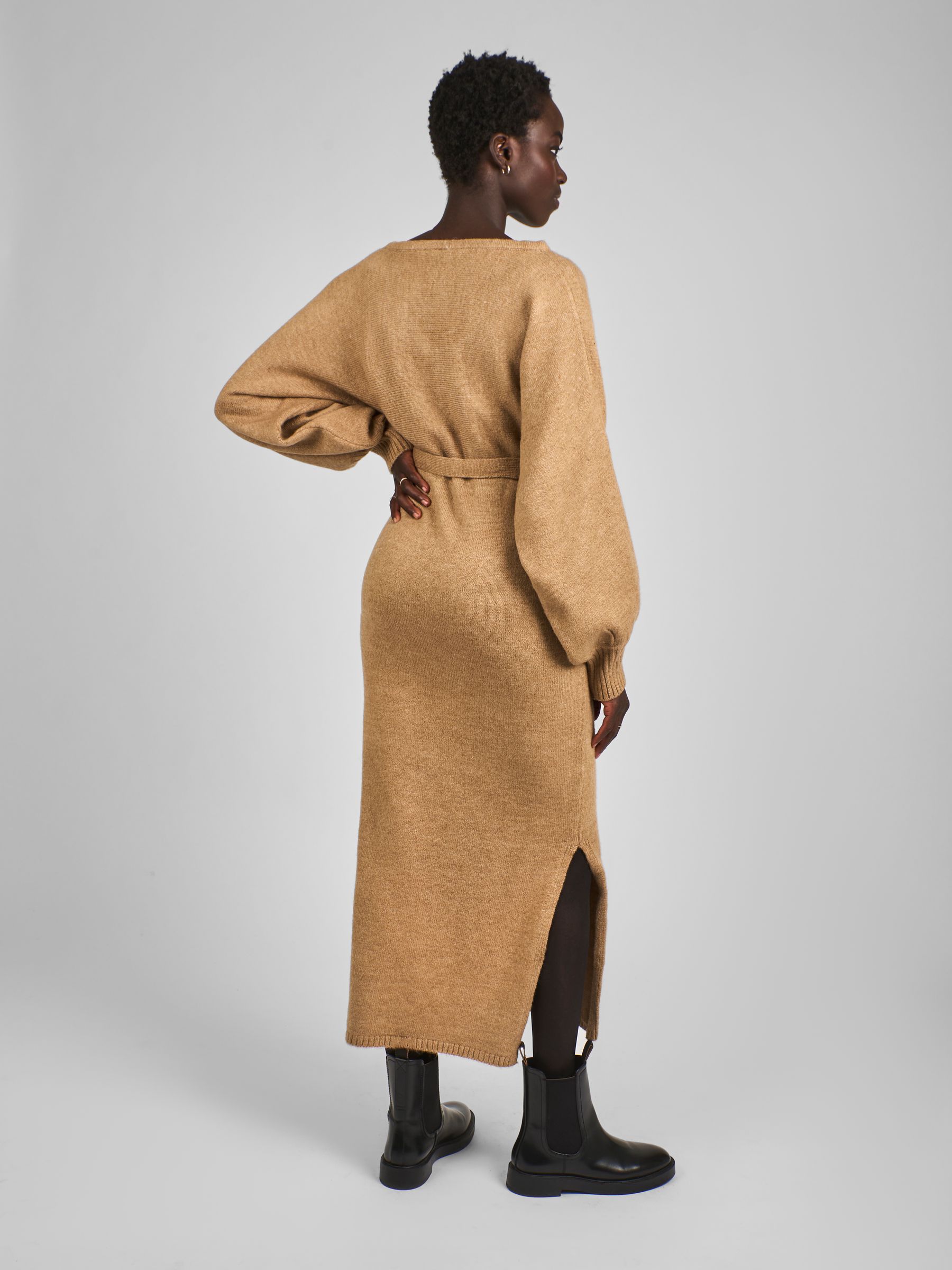 Camel Brown Knitted Blouson Sleeve V-Neck Maternity Dress