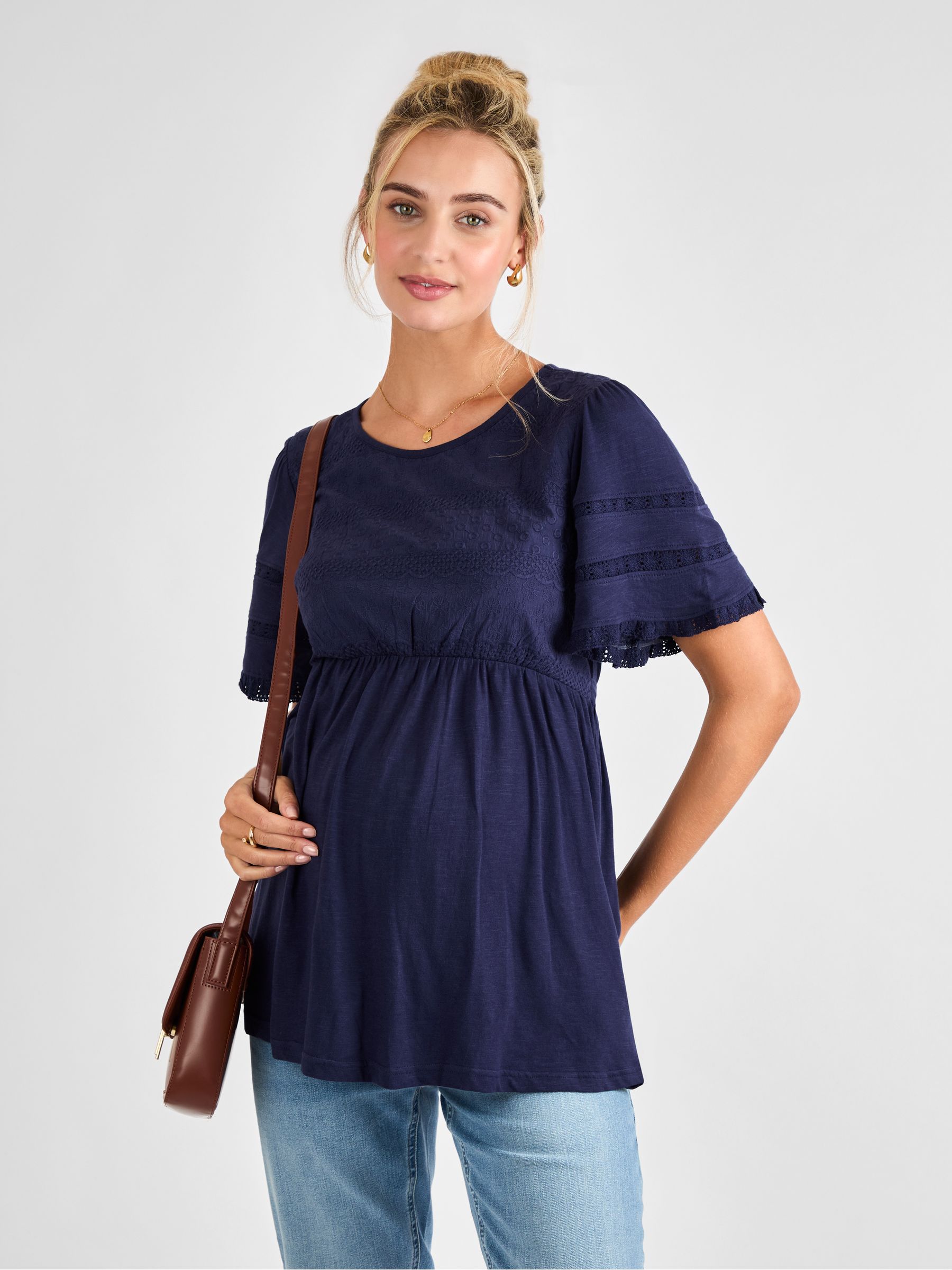 Navy Broderie Lace Trim Maternity Jersey Top