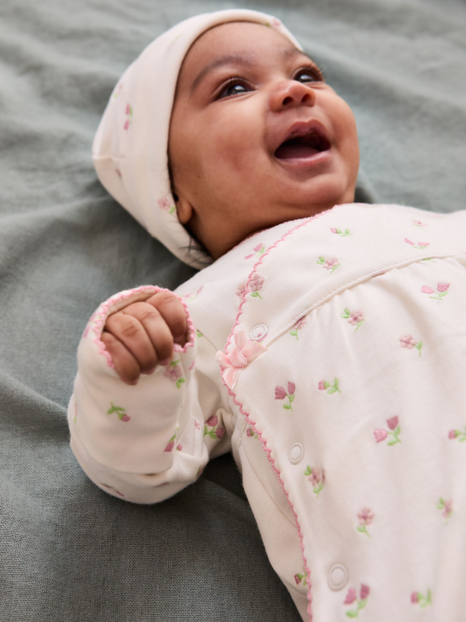 Floral Embroidered Pretty Sleepsuit & Hat in Cream