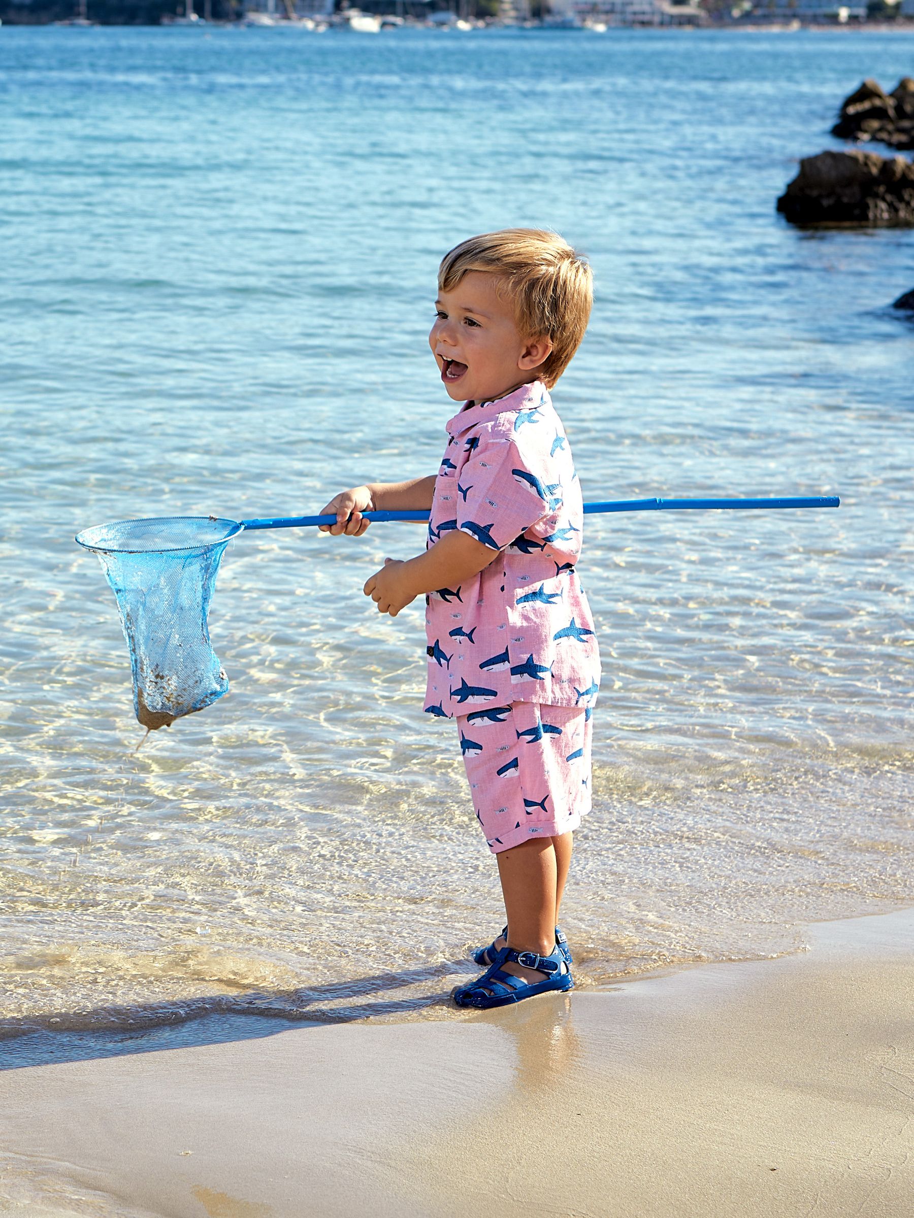 2-Piece Shark Cotton Linen Shirt & Shorts Set in Coral