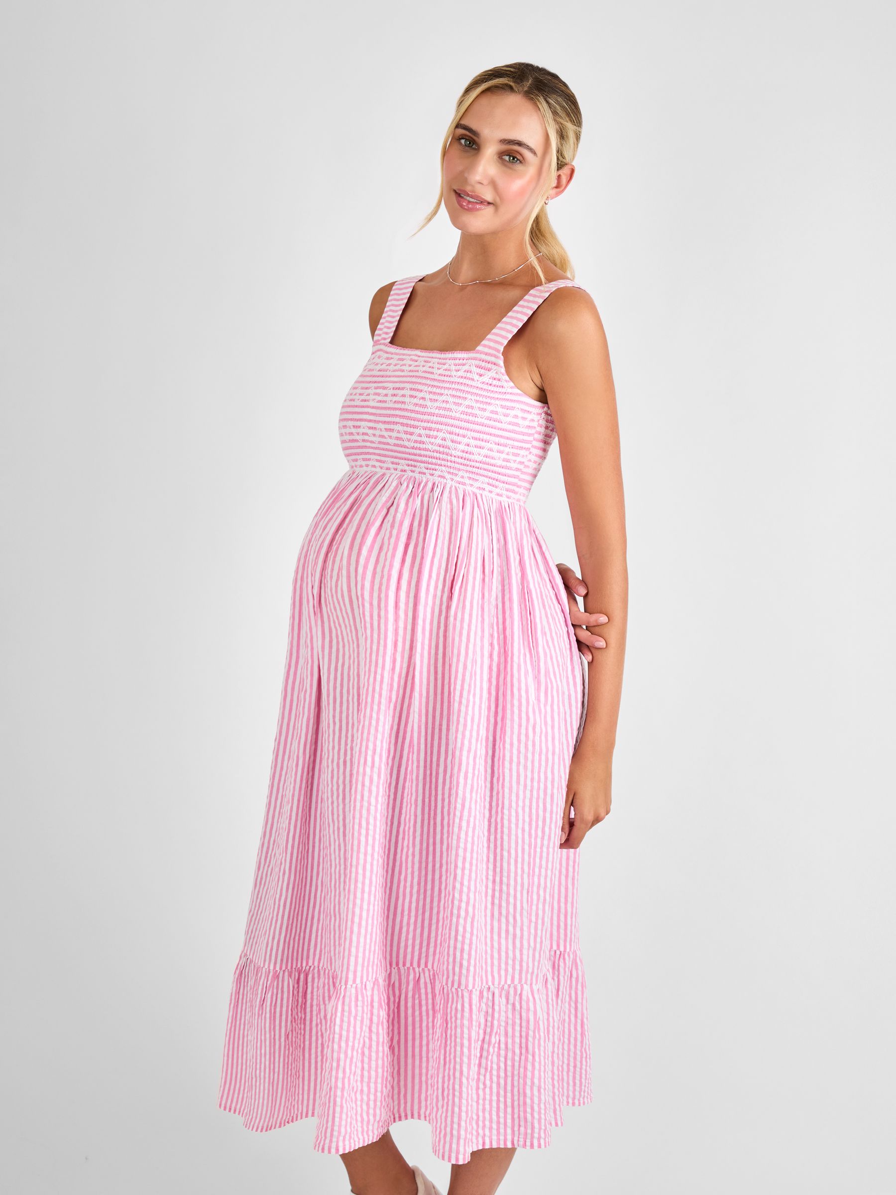 Pink Stripe Shirred Maternity Midi Dress
