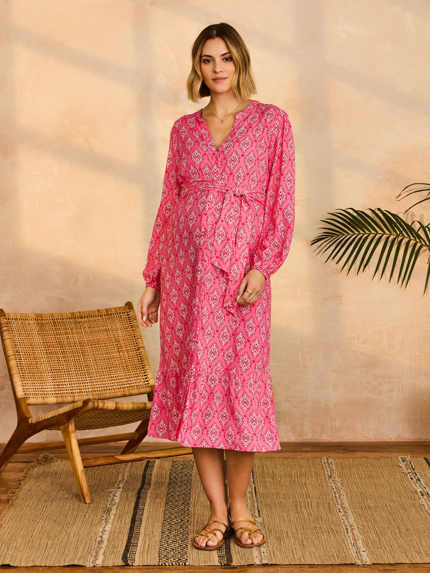 Pink Button Through Maternity Midi Dress With Tie