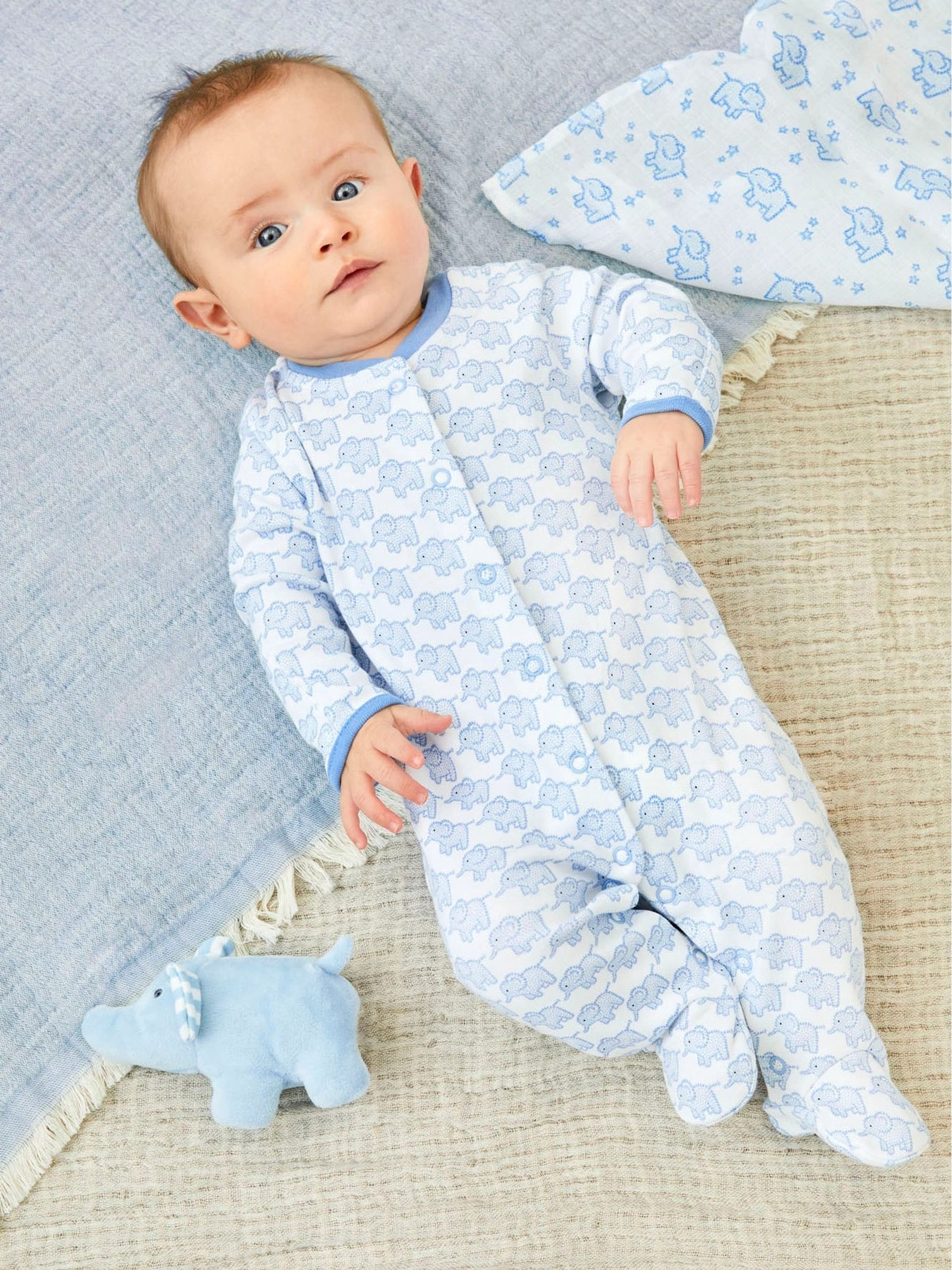 Blue Personalised Little Elephants Cotton Baby Sleepsuit