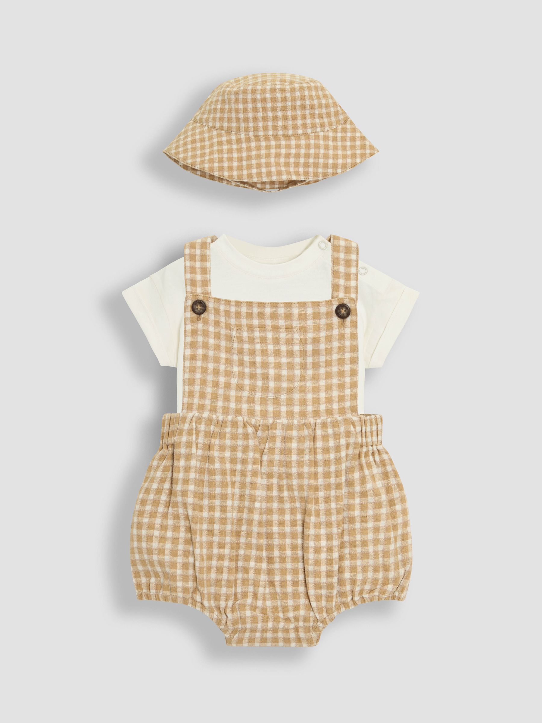 Brown Textured Gingham 100% Cotton Romper Set