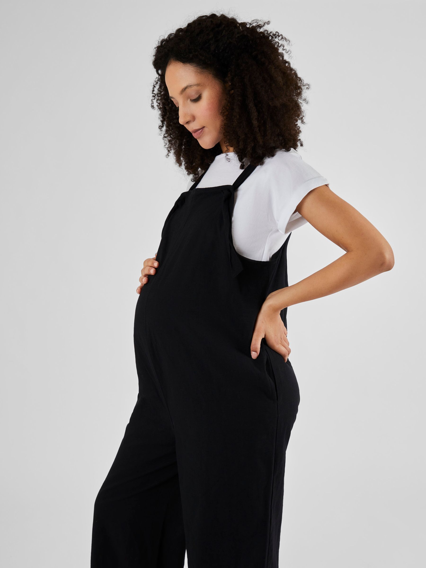 Black Wide Leg Maternity Linen Dungaree