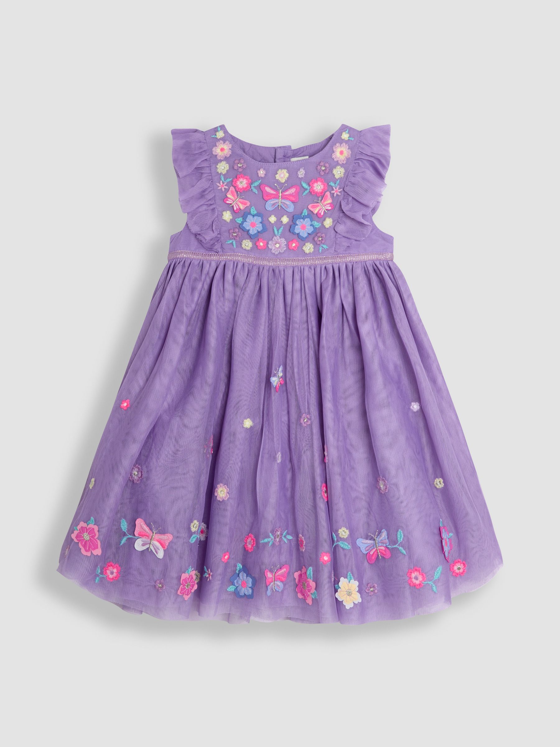 Yellow Floral Ruffle Front Embroidered Tulle Party Dress