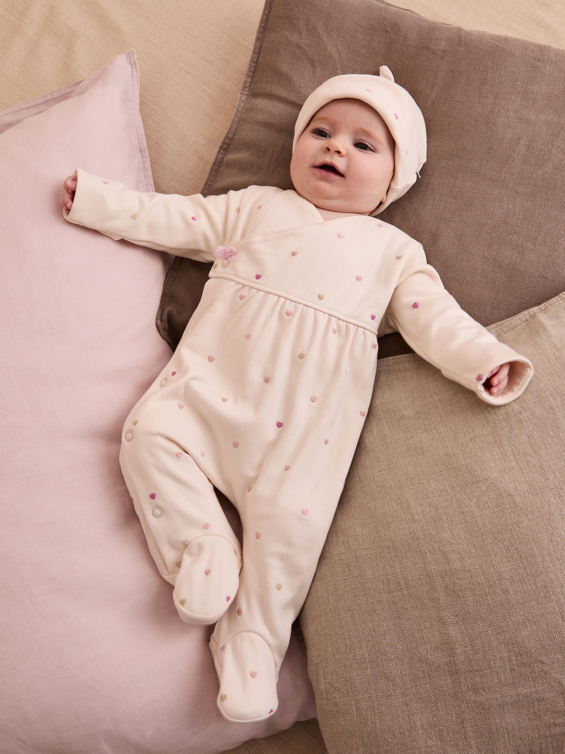 Cream Cotton 2-Piece Embroidered Sleepsuit and Hat Set