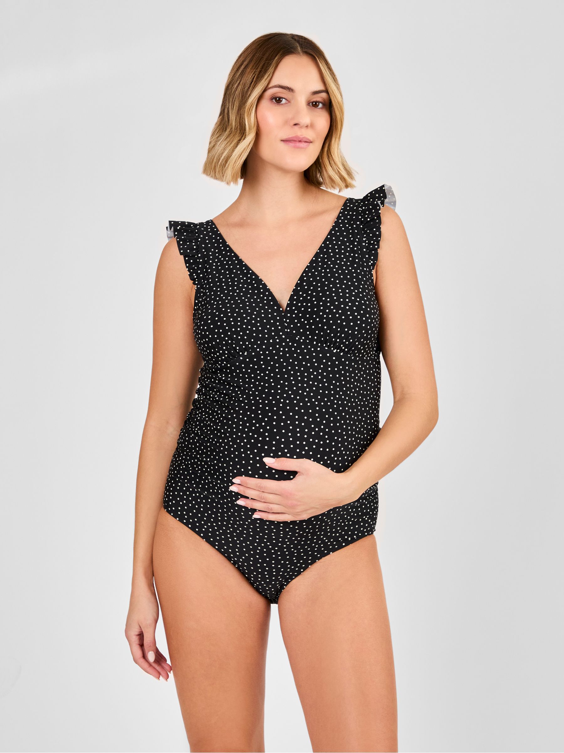 Black Maternity Spot Frill Sleeve V-Neck Swimsuit