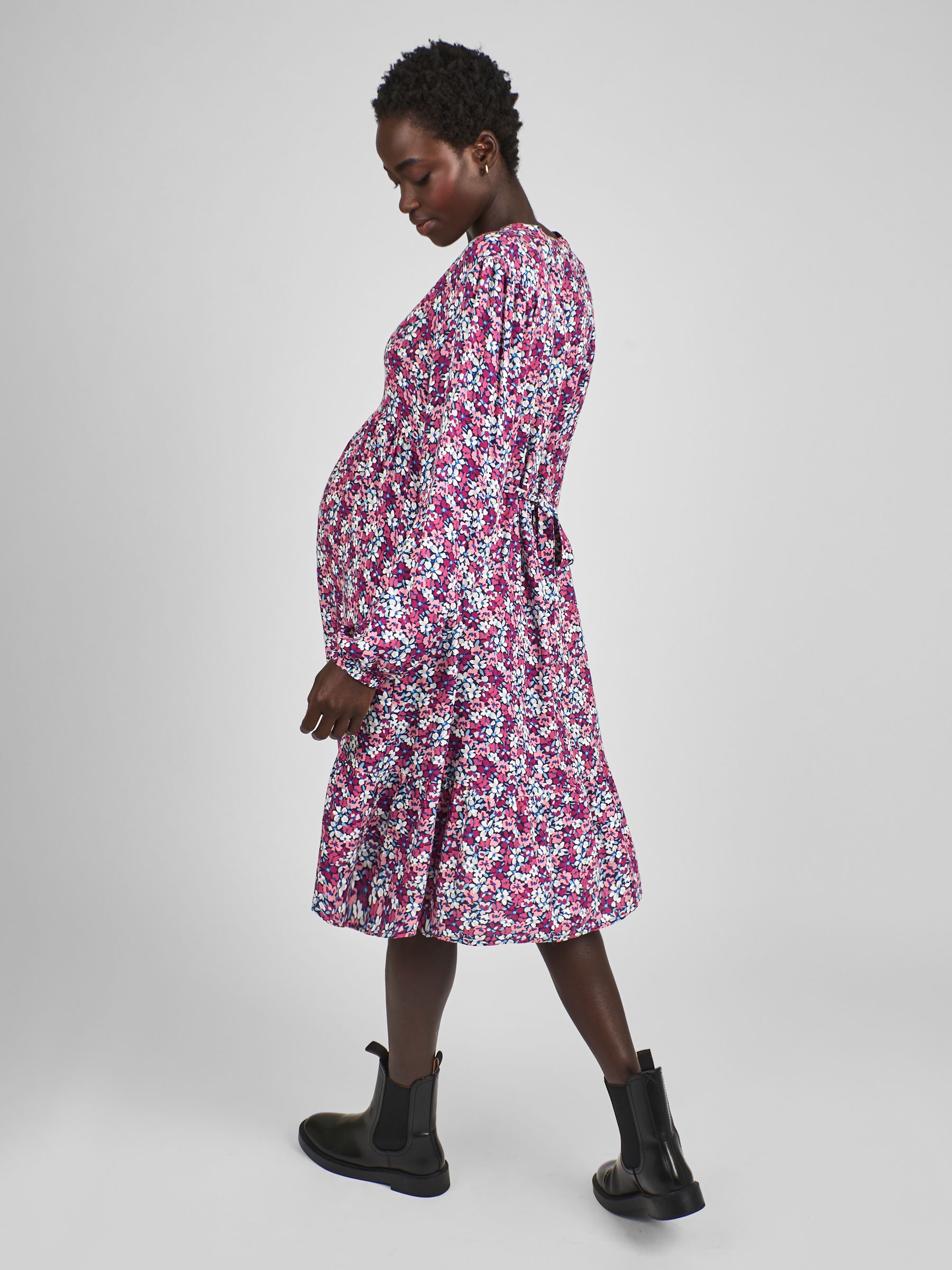 Navy Blue Floral Print Tiered Mini Maternity Dress