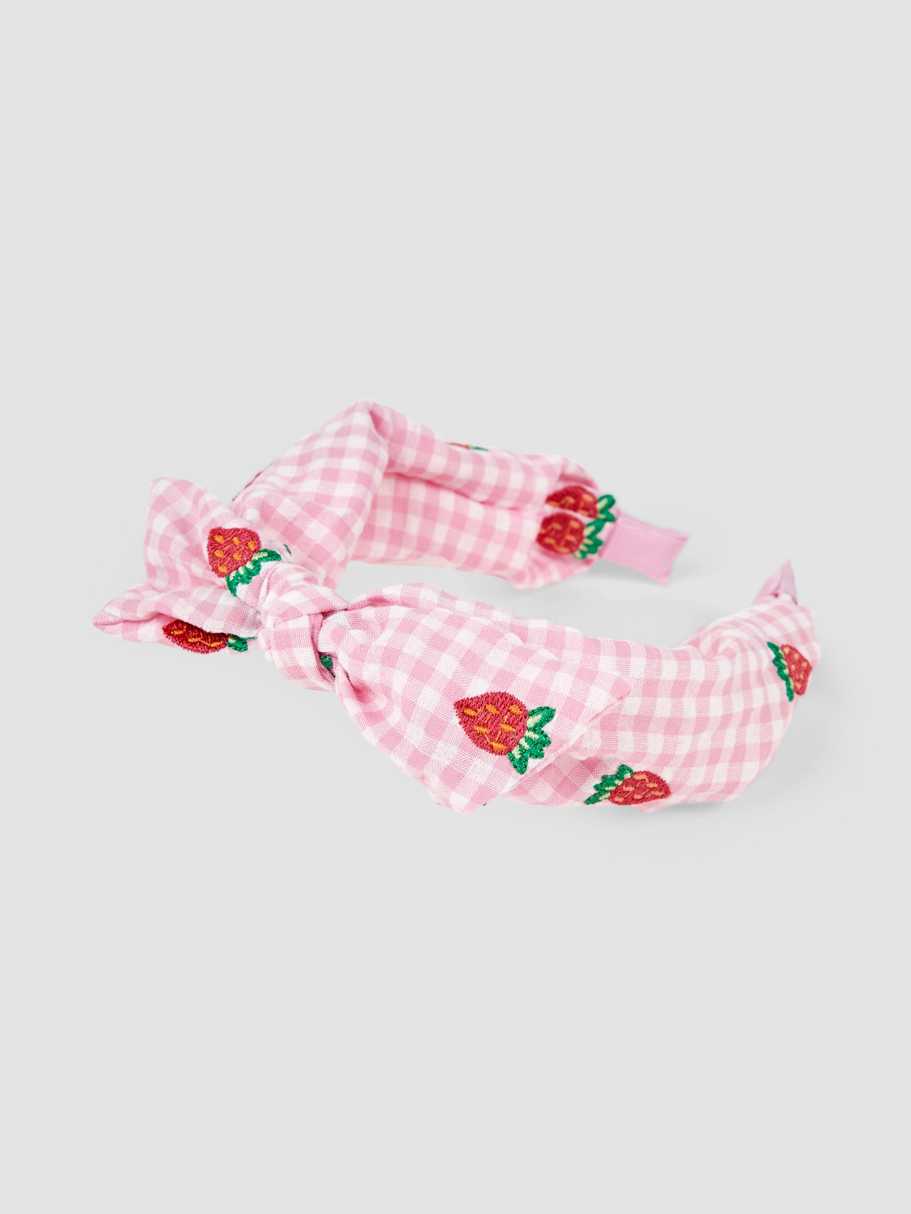 Pink Strawberry Embroidered Gingham Headband