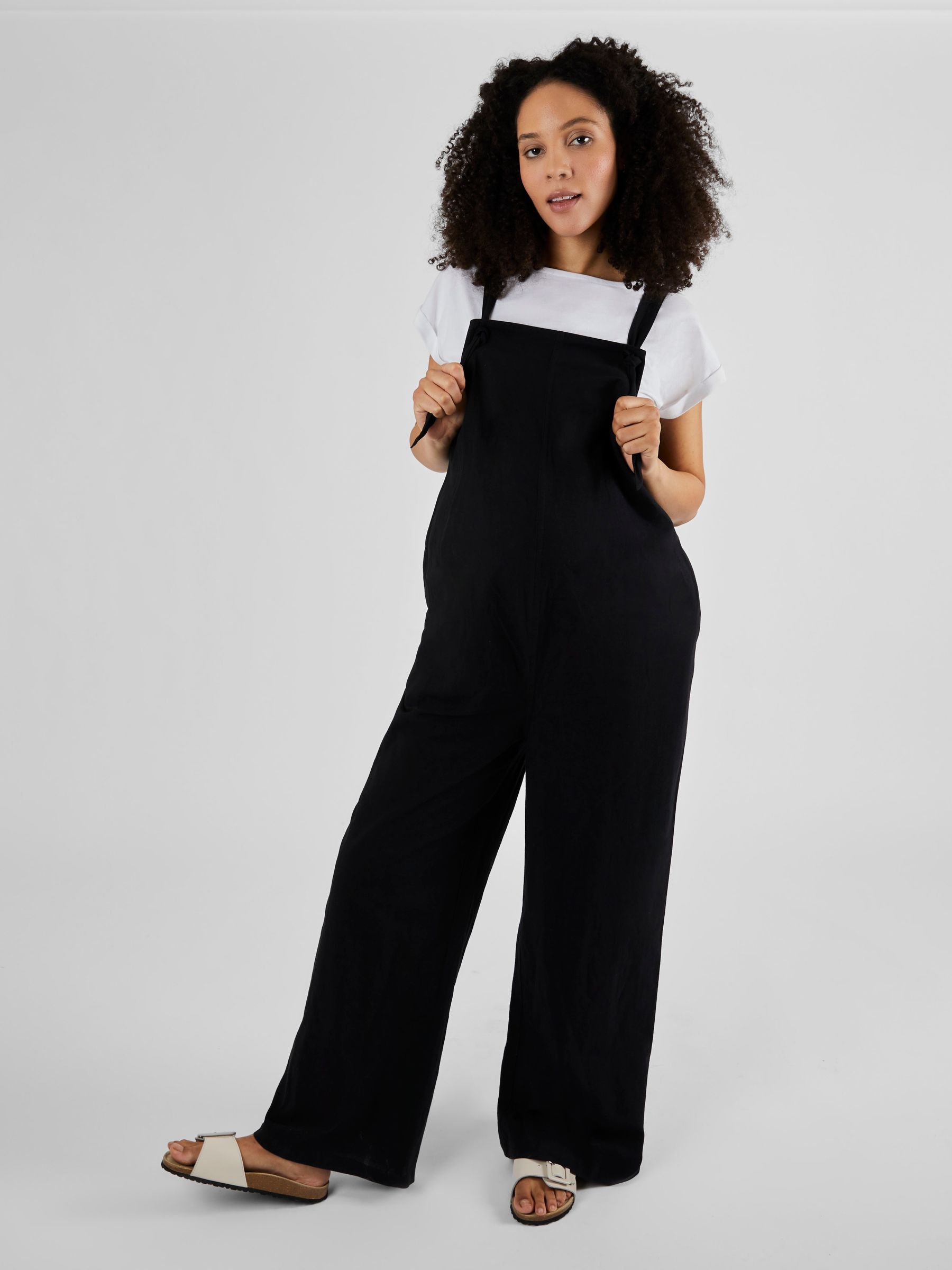 Black Wide Leg Maternity Linen Dungaree