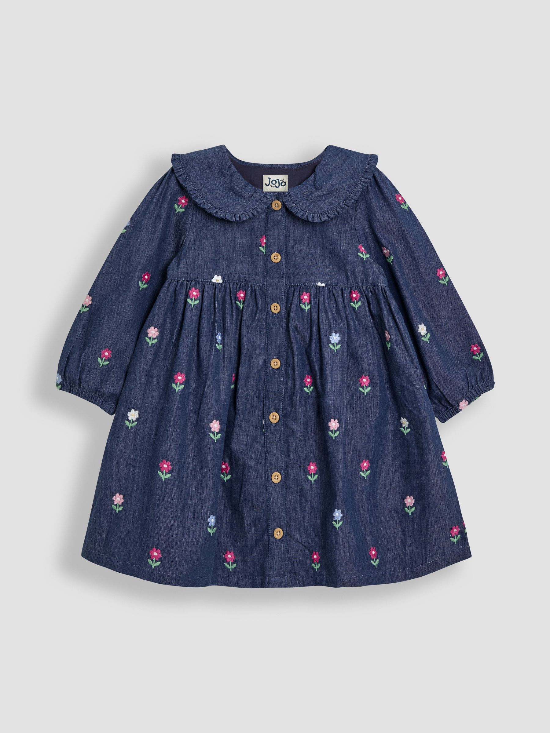 Chambray Blue Floral Embroidered Button Through Dress
