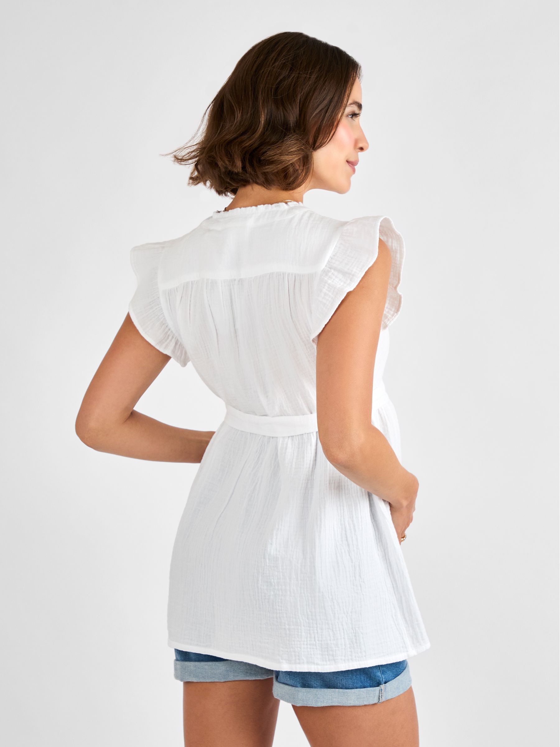White Frill Sleeve Textured Maternity Blouse