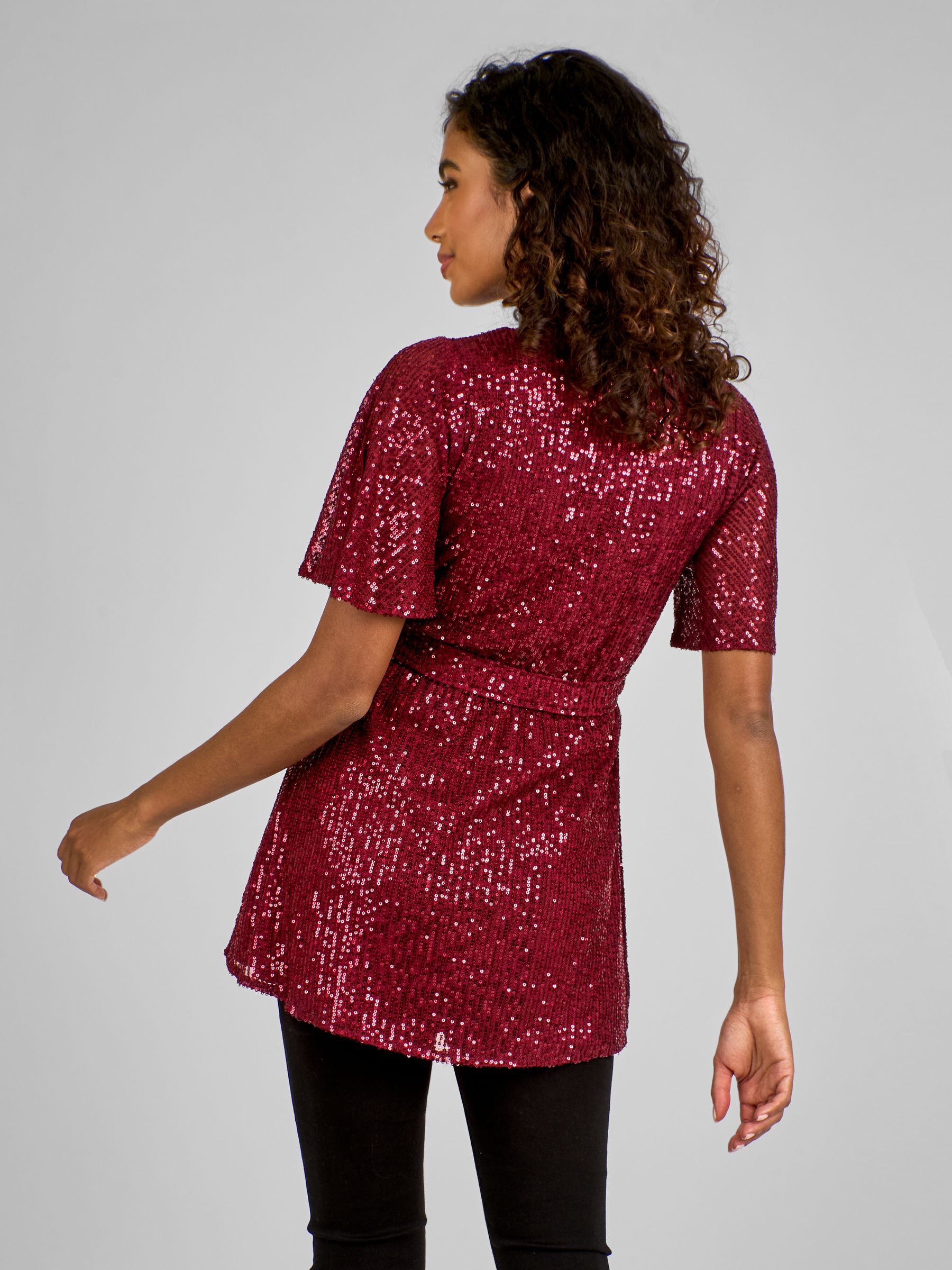 Wine Red Sequin Maternity Flutter Sleeve Top