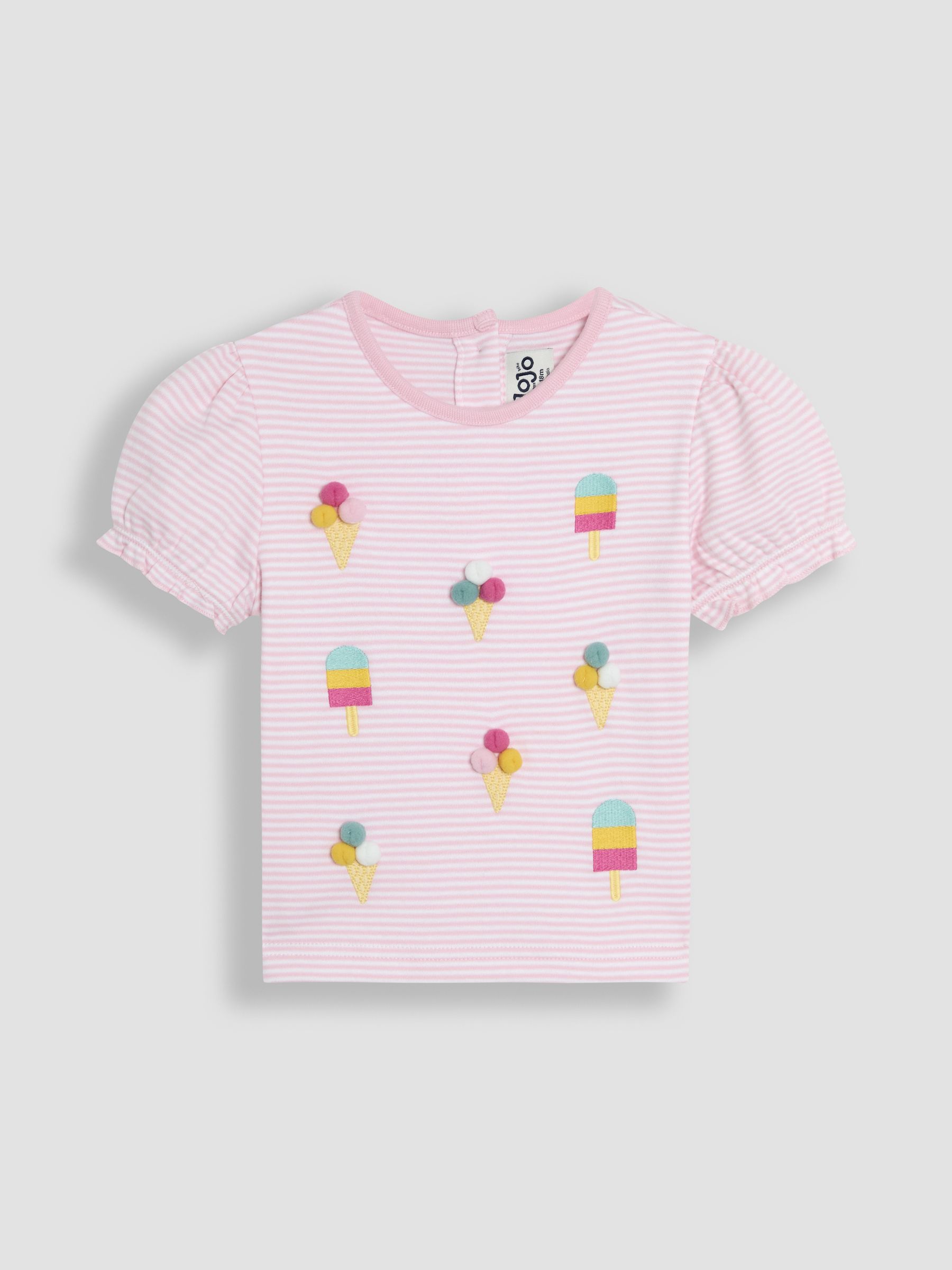 Pink Ice Cream Embroidered Puff Sleeve Pom-Pom T-Shirt