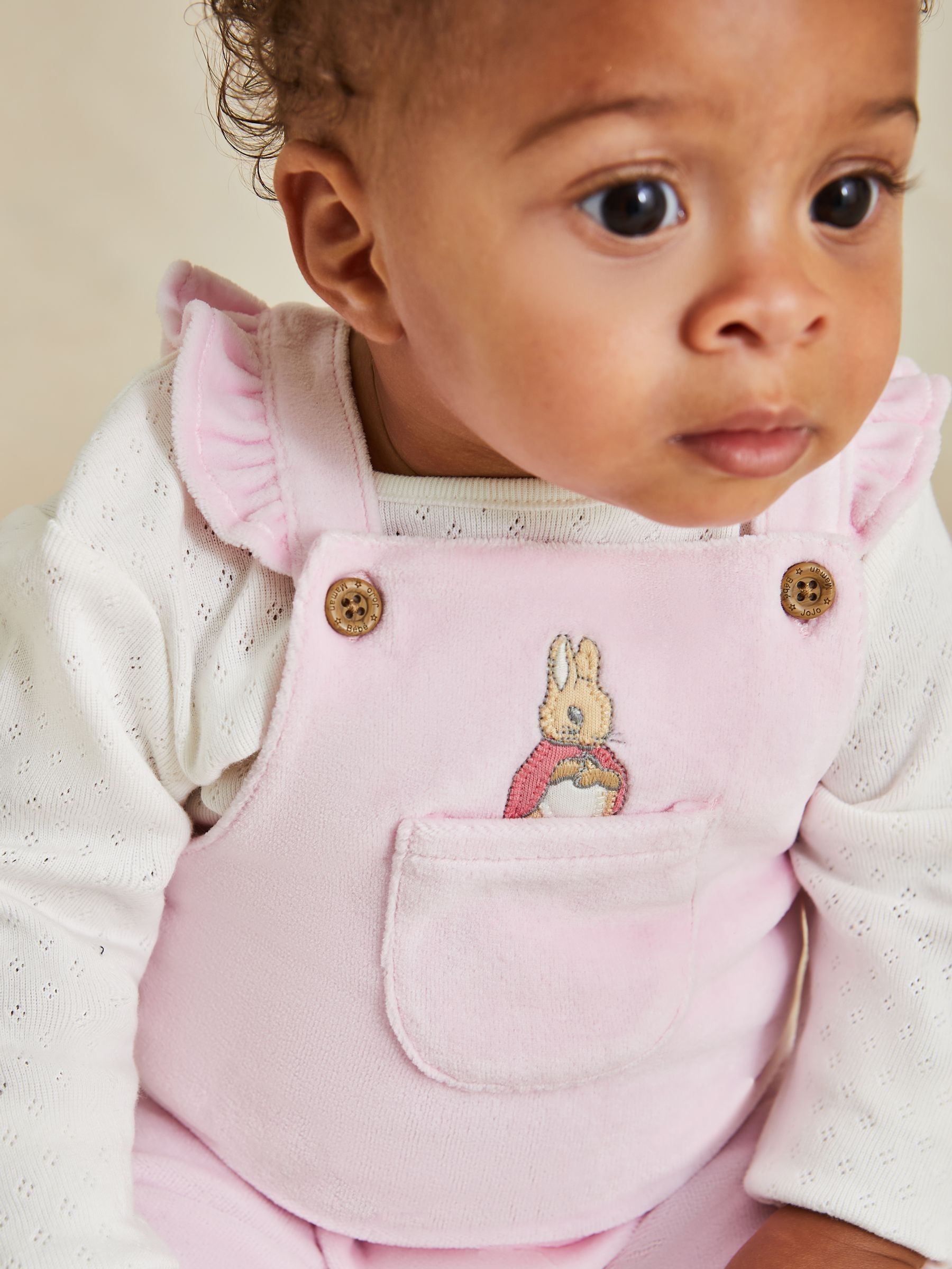 Pink Peter Rabbit Appliqué Velour Dungarees and Body Set
