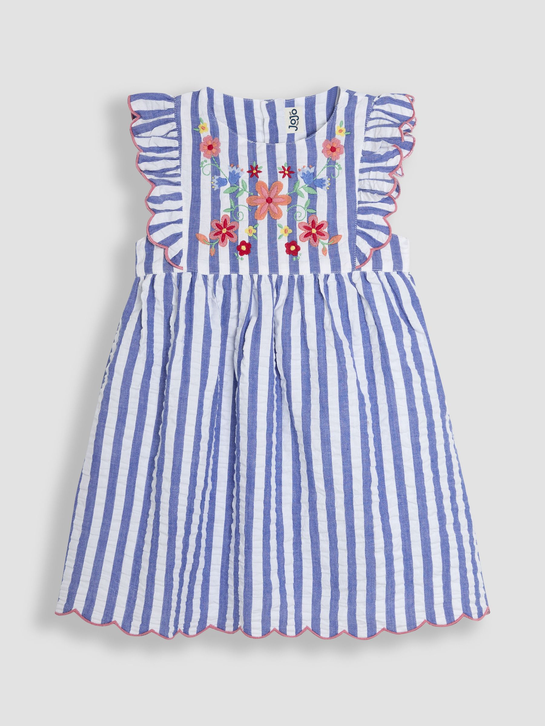 Blue Floral Embroidered Appliqué Seersucker Summer Dress