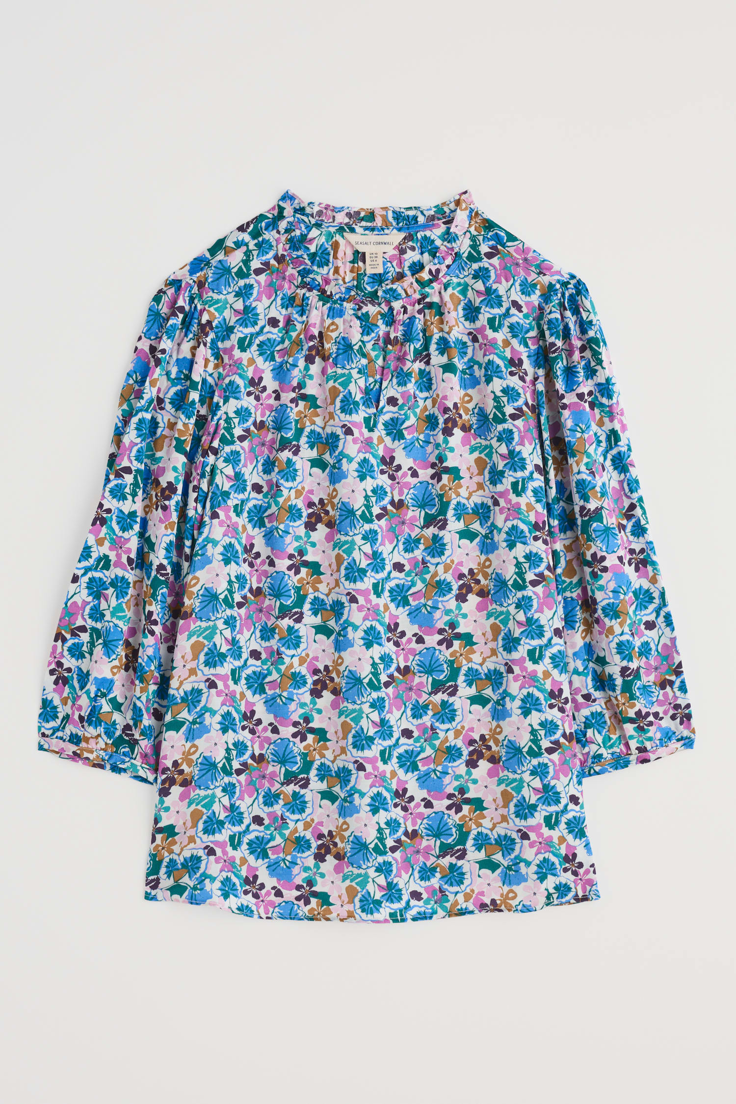 Flower Weave Satin Frill Neck Print Top