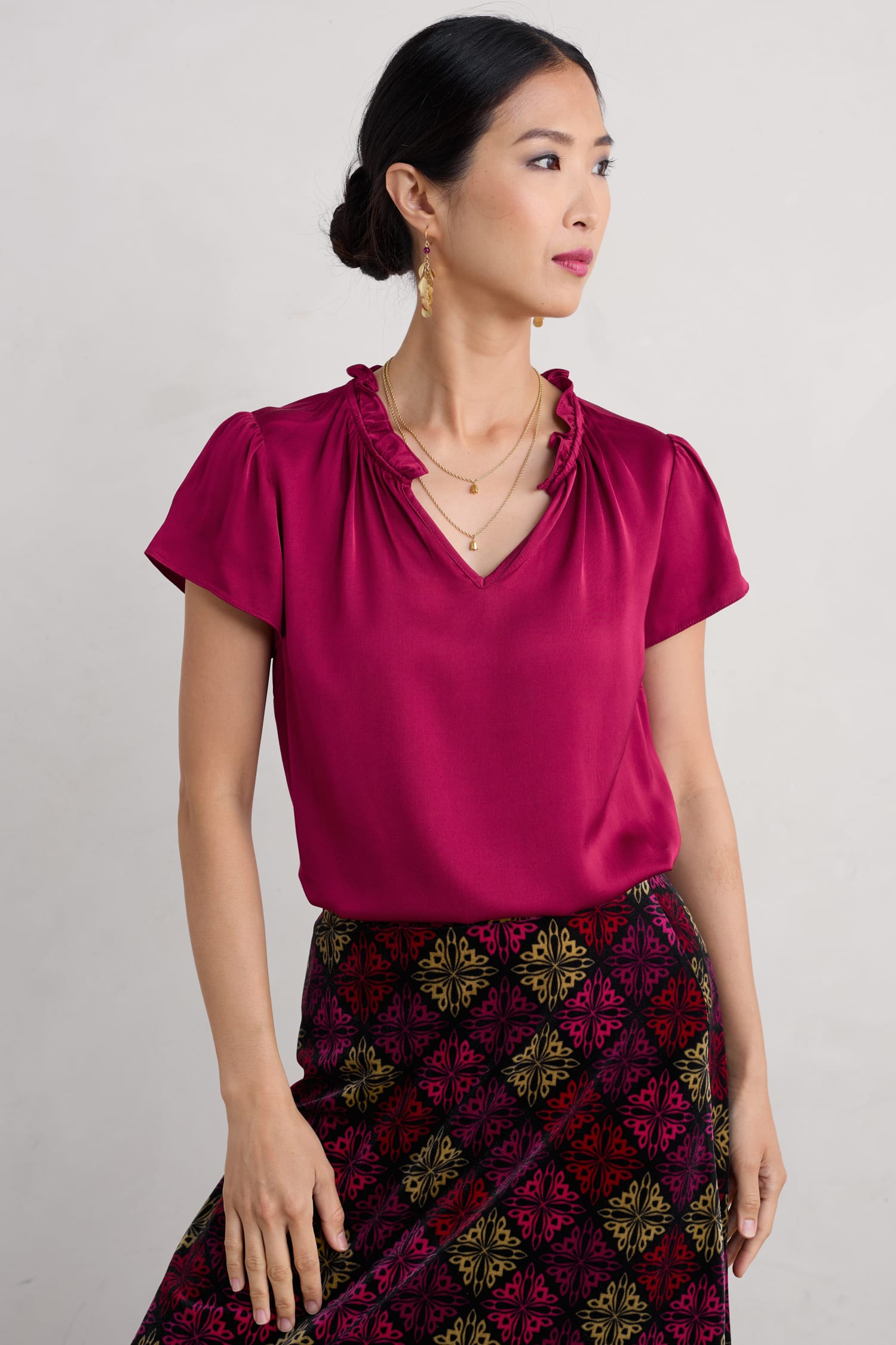 Flower Weave Short Sleeve Satin Top