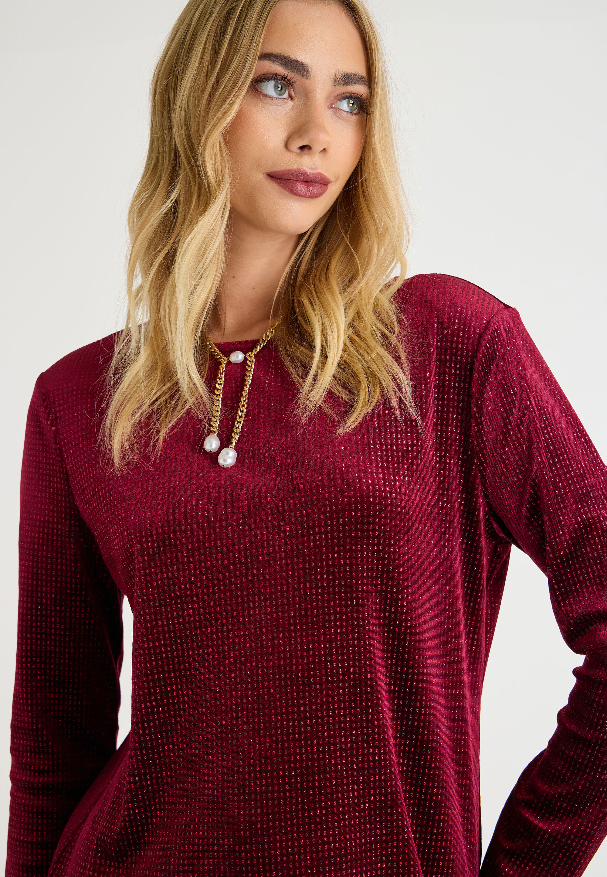 Womens Burgundy Velvet Glitter Shift Dress