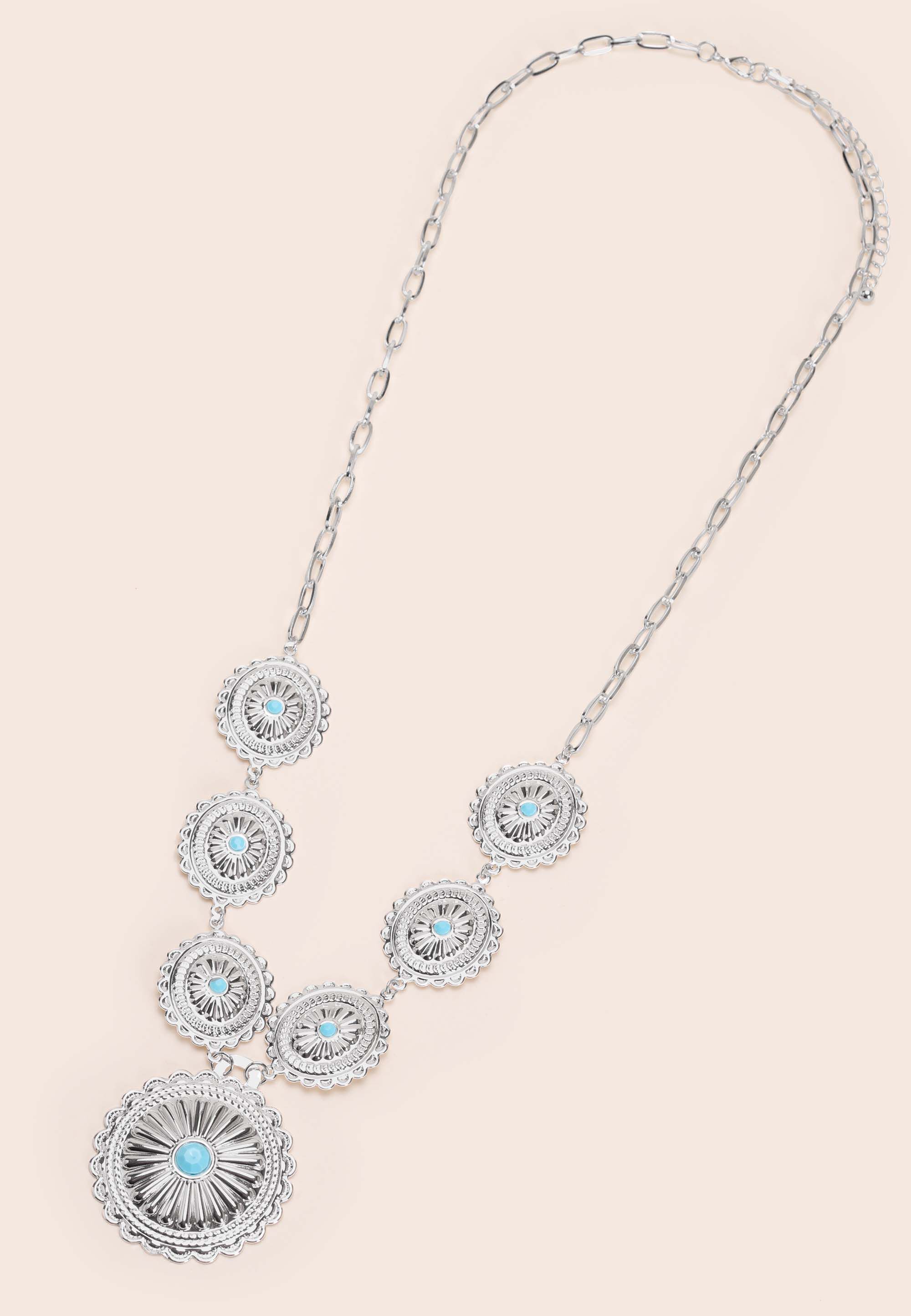Womens Silver & Turquoise Boho Prairie Disc Necklace