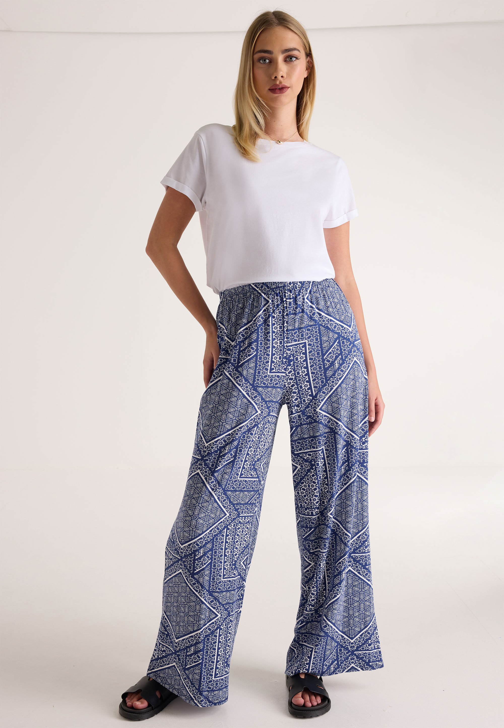 Womens Navy Print Wide Leg Trousers