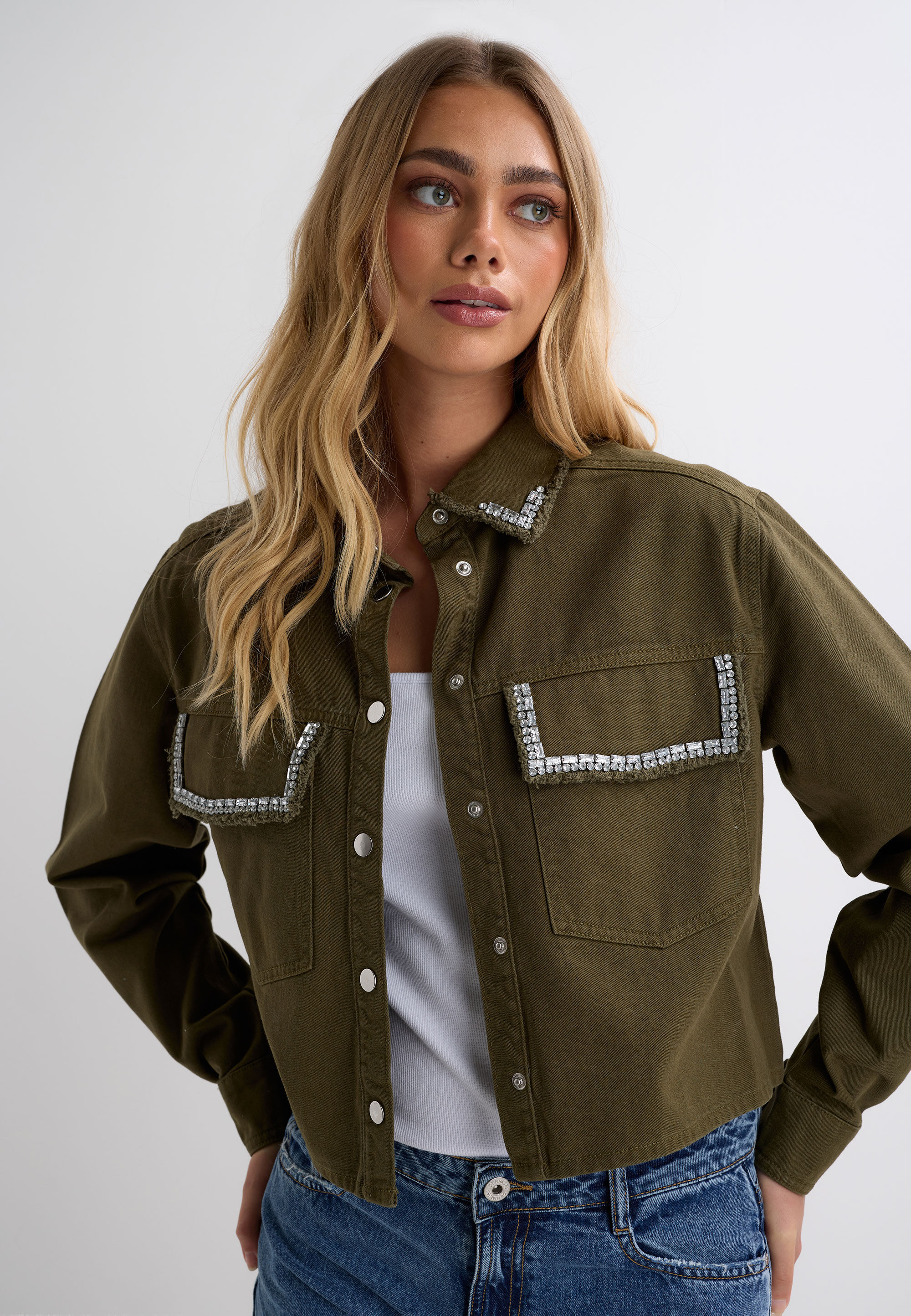Womens Khaki Green Denim Embellished Shirt Jacket