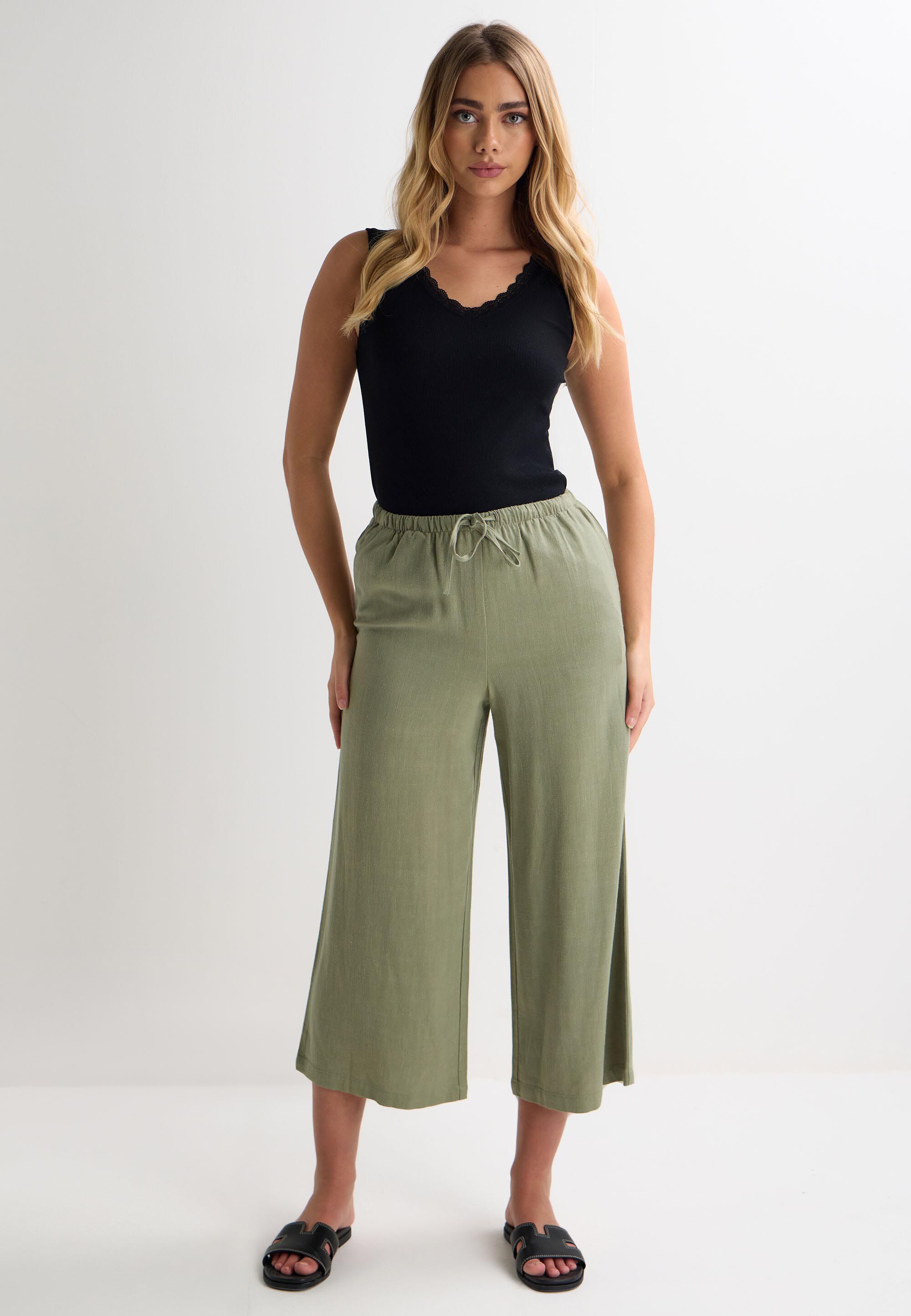 Womens Khaki Plain Linen Culotte Trousers