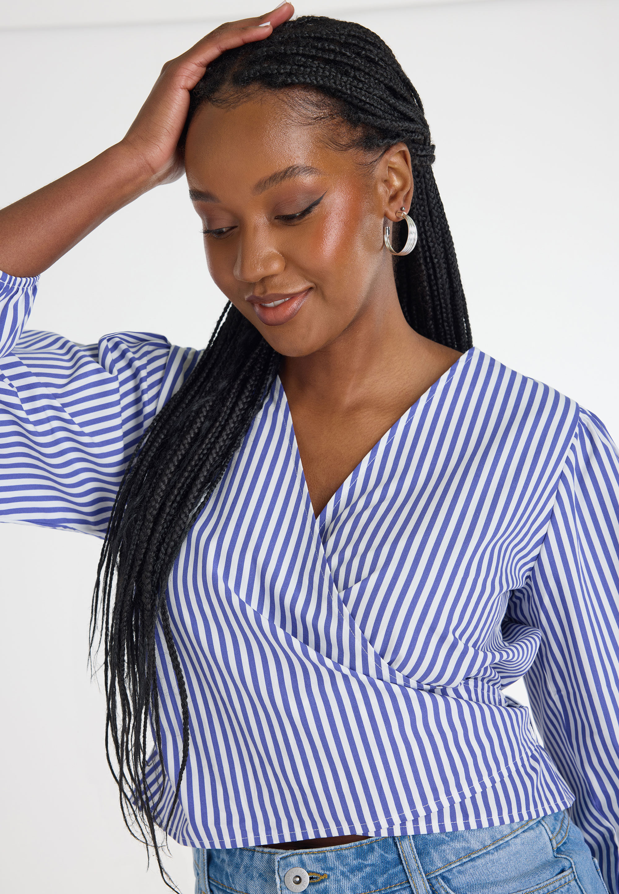 Womens Blue Stripe Wrap Top