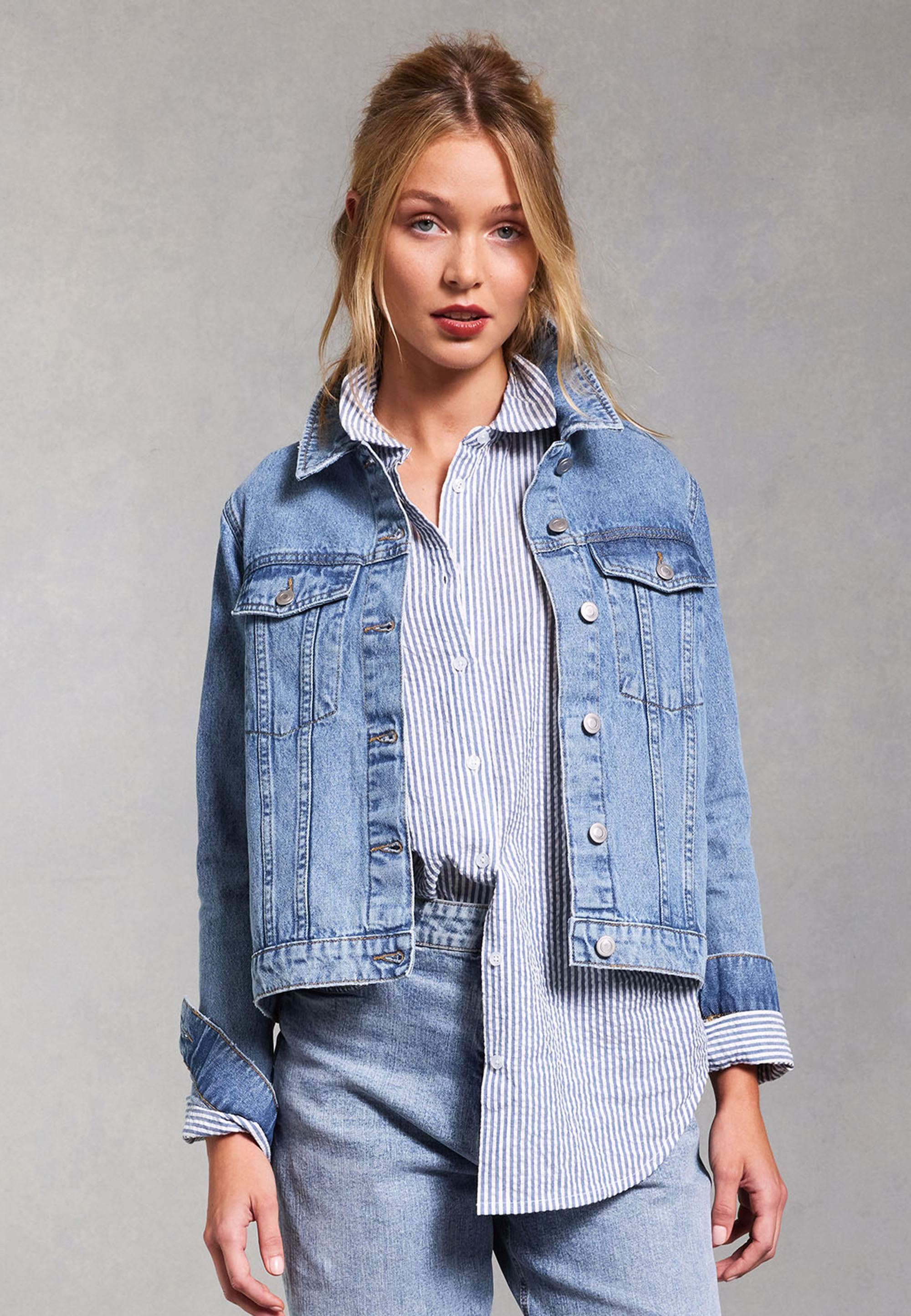 Womens Blue Seersucker Stripe Long Sleeve Shirt