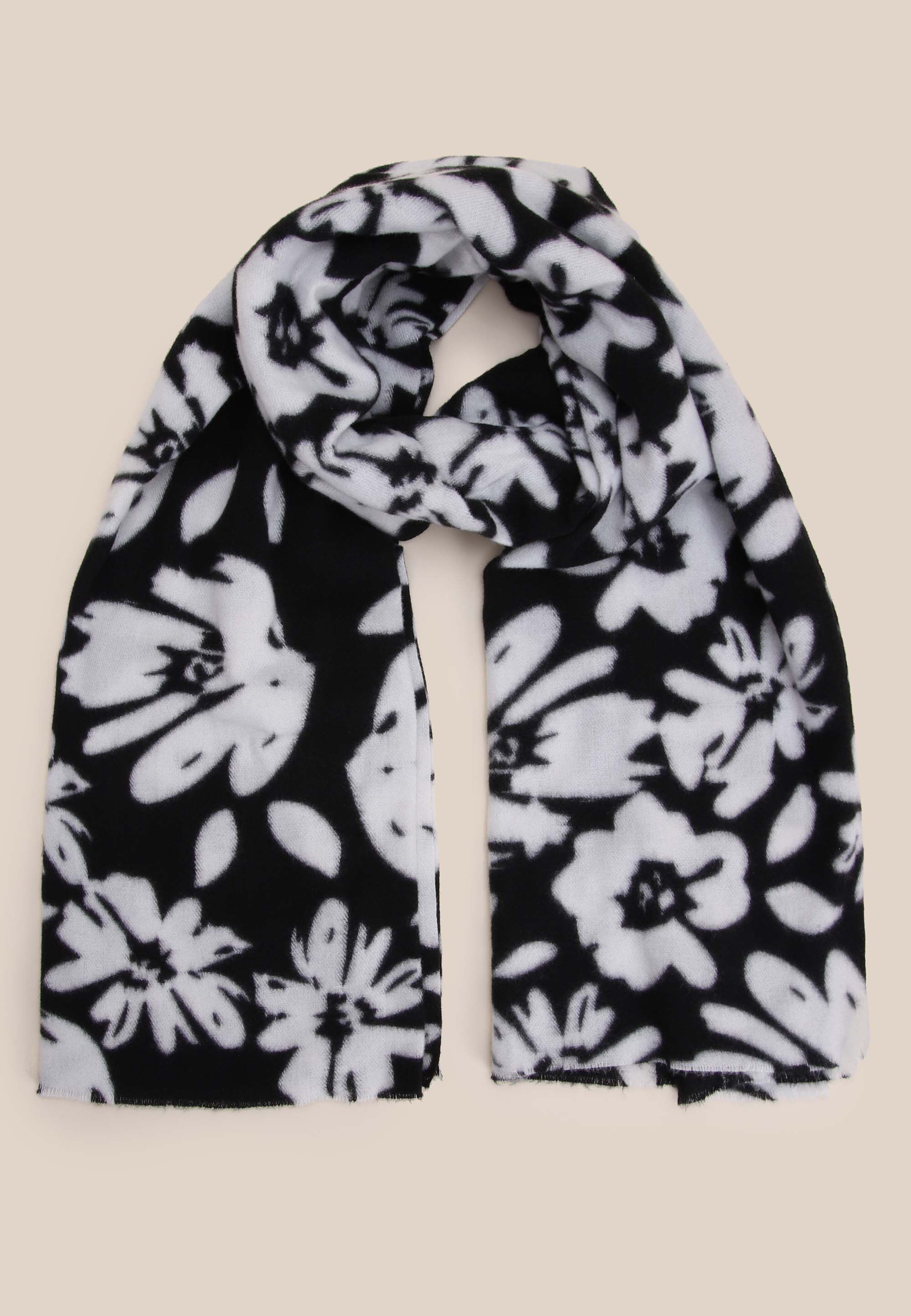 Womens Black & White Floral Print Mid Weight Scarf